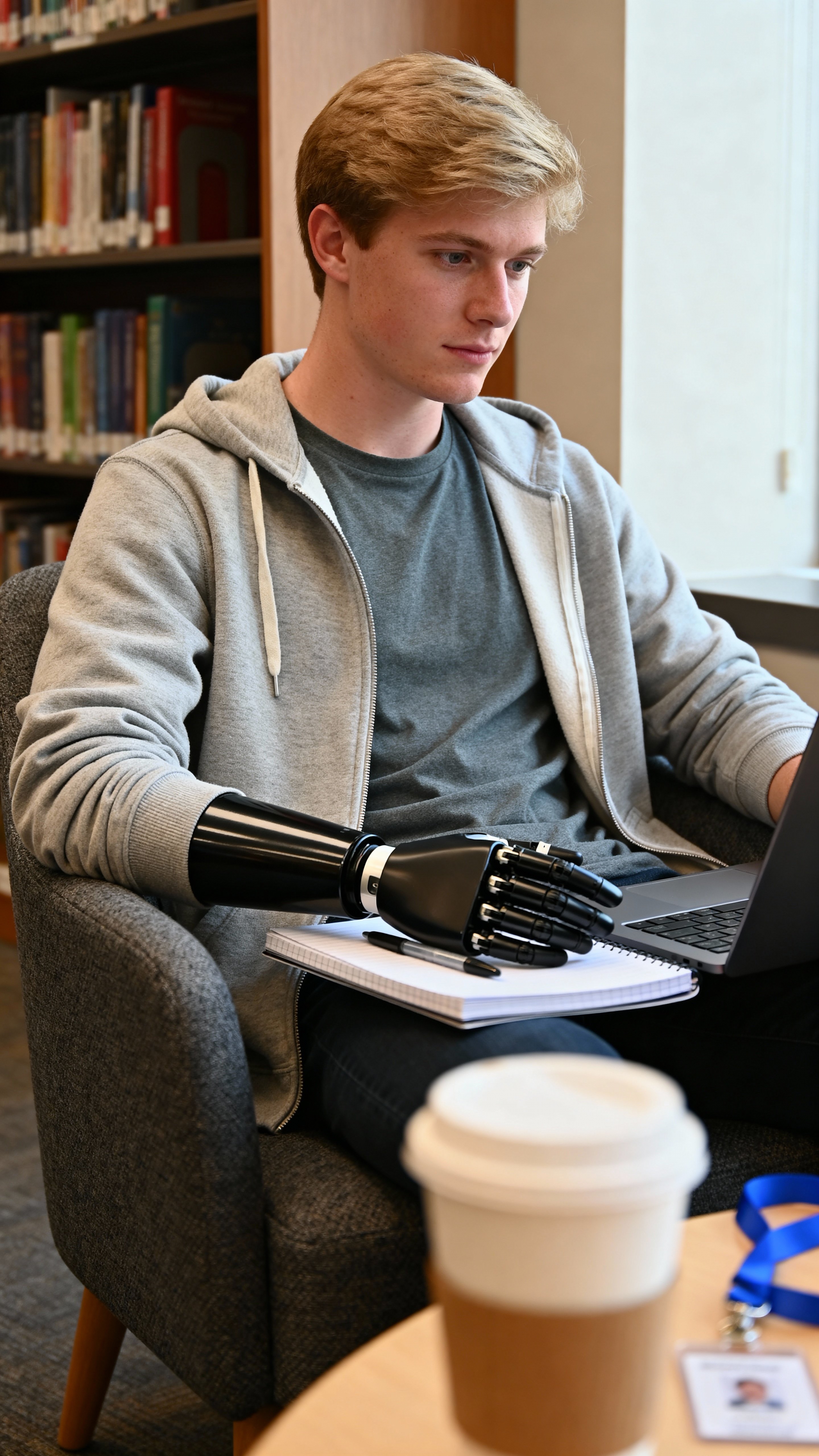 Tanner, a late-20s white veteran student, sits three-quarter in a campus lounge chair, focused on a notebook with a matte-black prosthetic hand, heather-gray hoodie, sandy-blond hair, warm-wood bookshelf and cream coffee cup softly blurred,