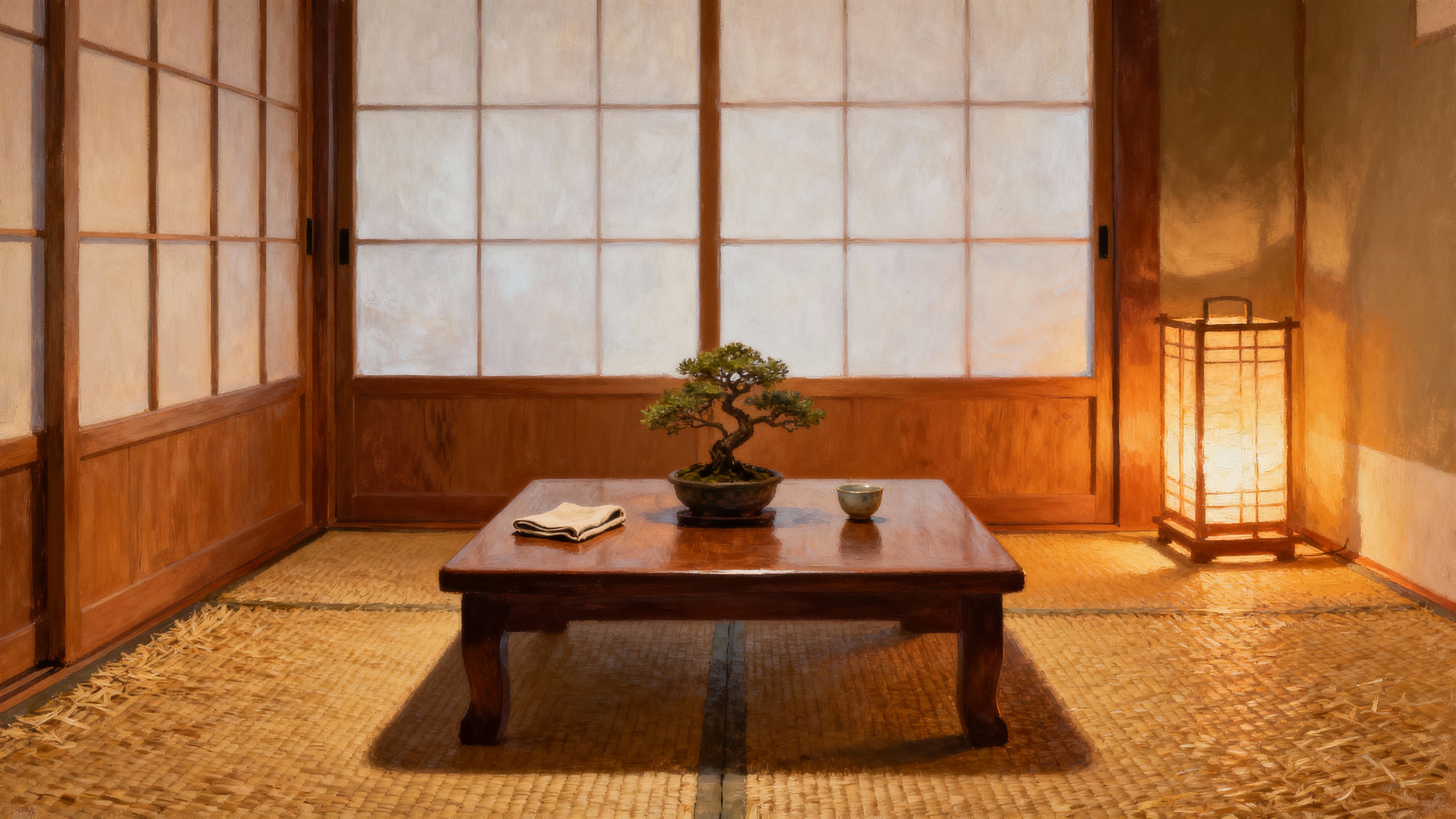 A serene tatami-floored room with a low wooden table, shoji paper doors, a soft lantern casting warm light, and a small bonsai placed thoughtfully on the table to suggest quiet ritual.
