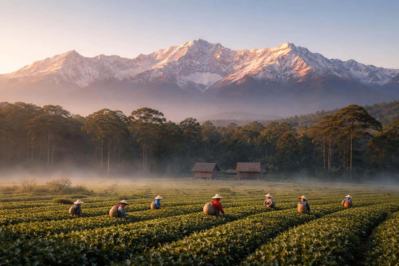 Wide 3:2 landscape photograph of tea fields and small workers in the lower third with trees and huts midground and a sunlit snowy mountain range filling the upper half as wallpaper.