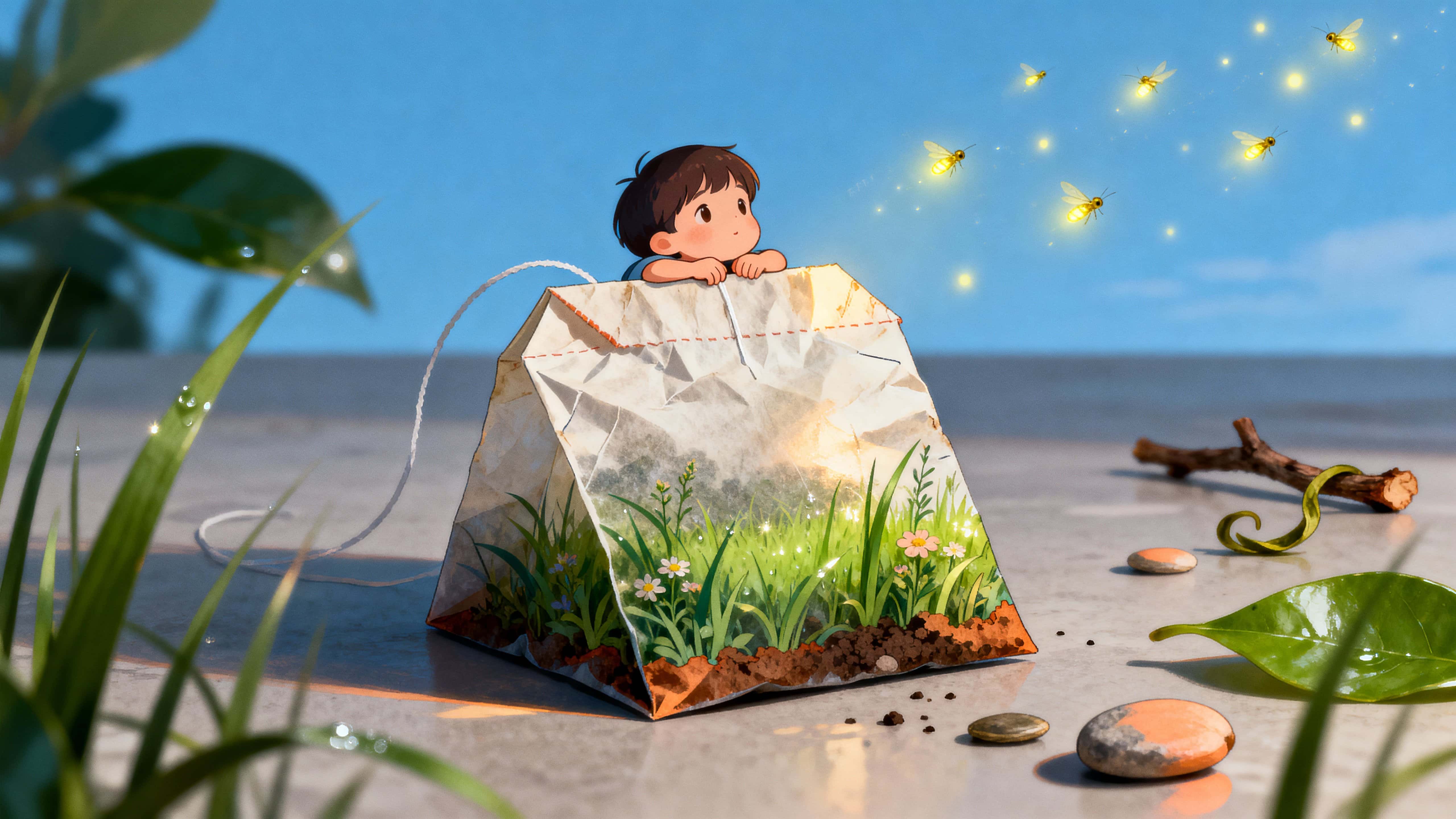 A split used teabag cradles a miniature sunlit meadow where a small child lies on the edge watching fireflies drift upward, with warm, soft evening light framing the scene in gentle tones.