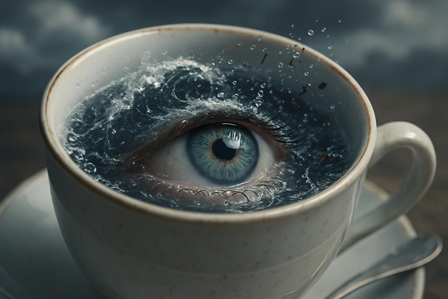 A hyperreal human eye emerges at the center of a porcelain teacup's swirling storm, a vivid metaphor for making a mountain out of a molehill. Dramatic clouds, tiny waves and flying tea leaves exaggerate the fuss within this delicate scale.