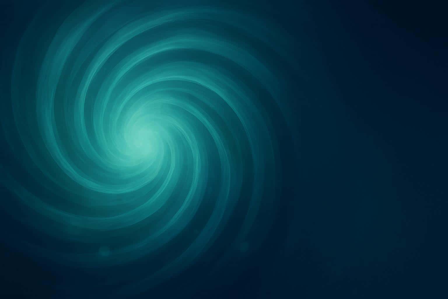 An abstract 3:2 composition of softly spiraling teal and deep-blue streams circling an off-center pale-teal glow, with glassy arcs, subtle bokeh orbs, and calm navy negative space.