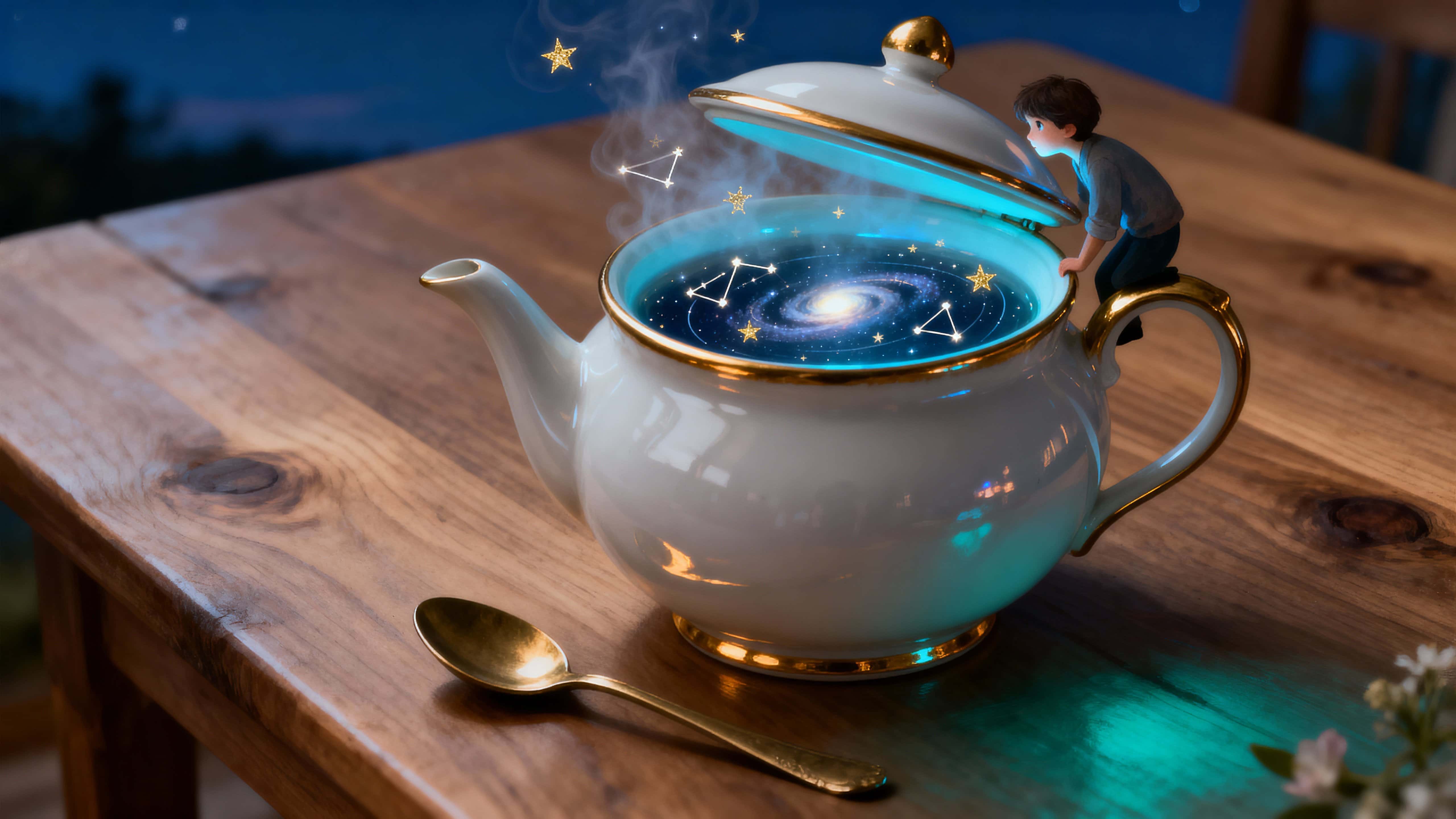 A teapot lid lifts to reveal a glowing miniature night sky inside, tiny constellations rotating slowly as a small figure leans in, amazed within a 16:9 cinematic frame.