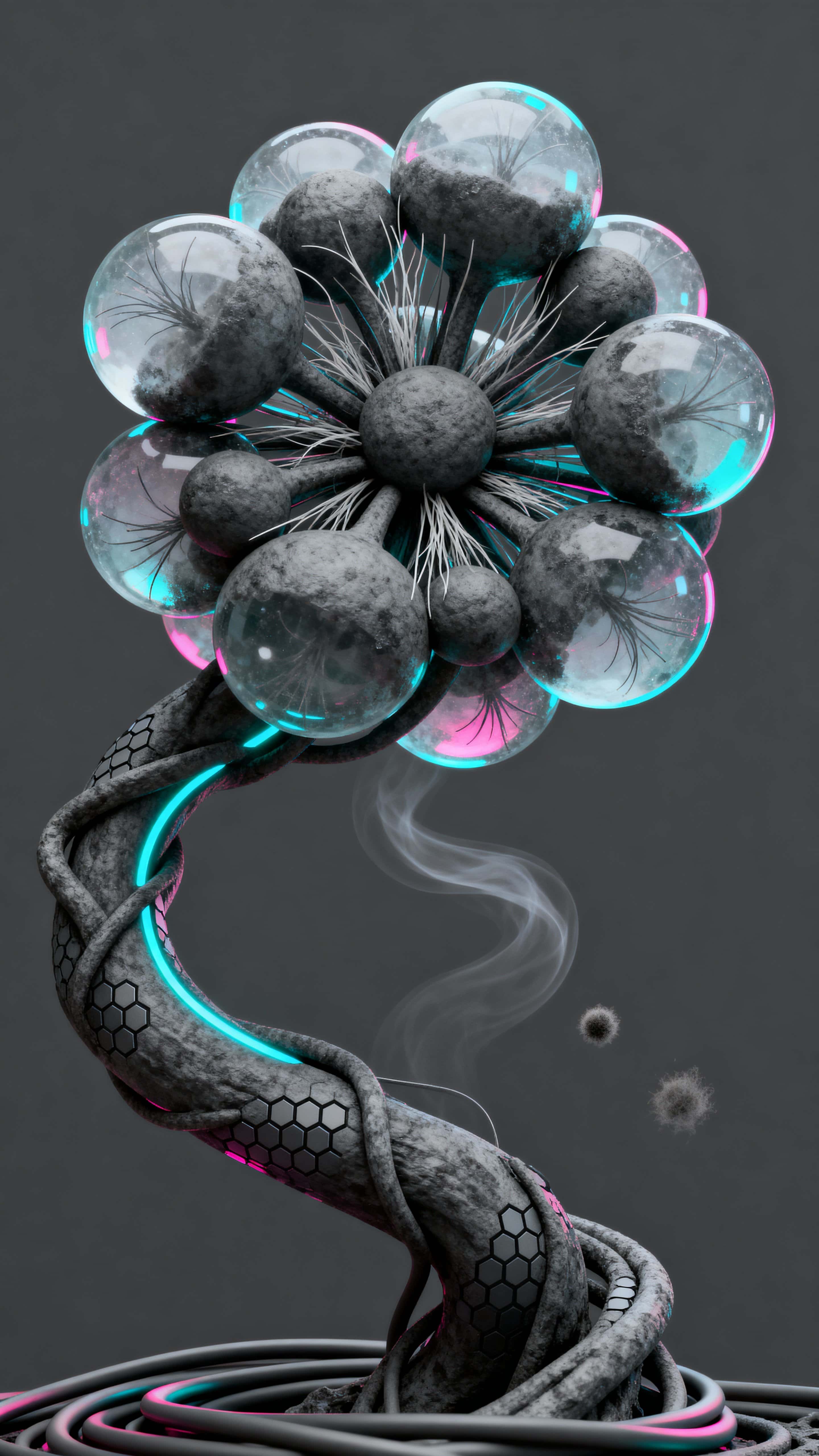 A techno-organic vine coils into a central bloom of frosted orbs and filament whiskers, bathed in cyan and magenta bioluminescence with neon-noir grading and a deep neutral field.