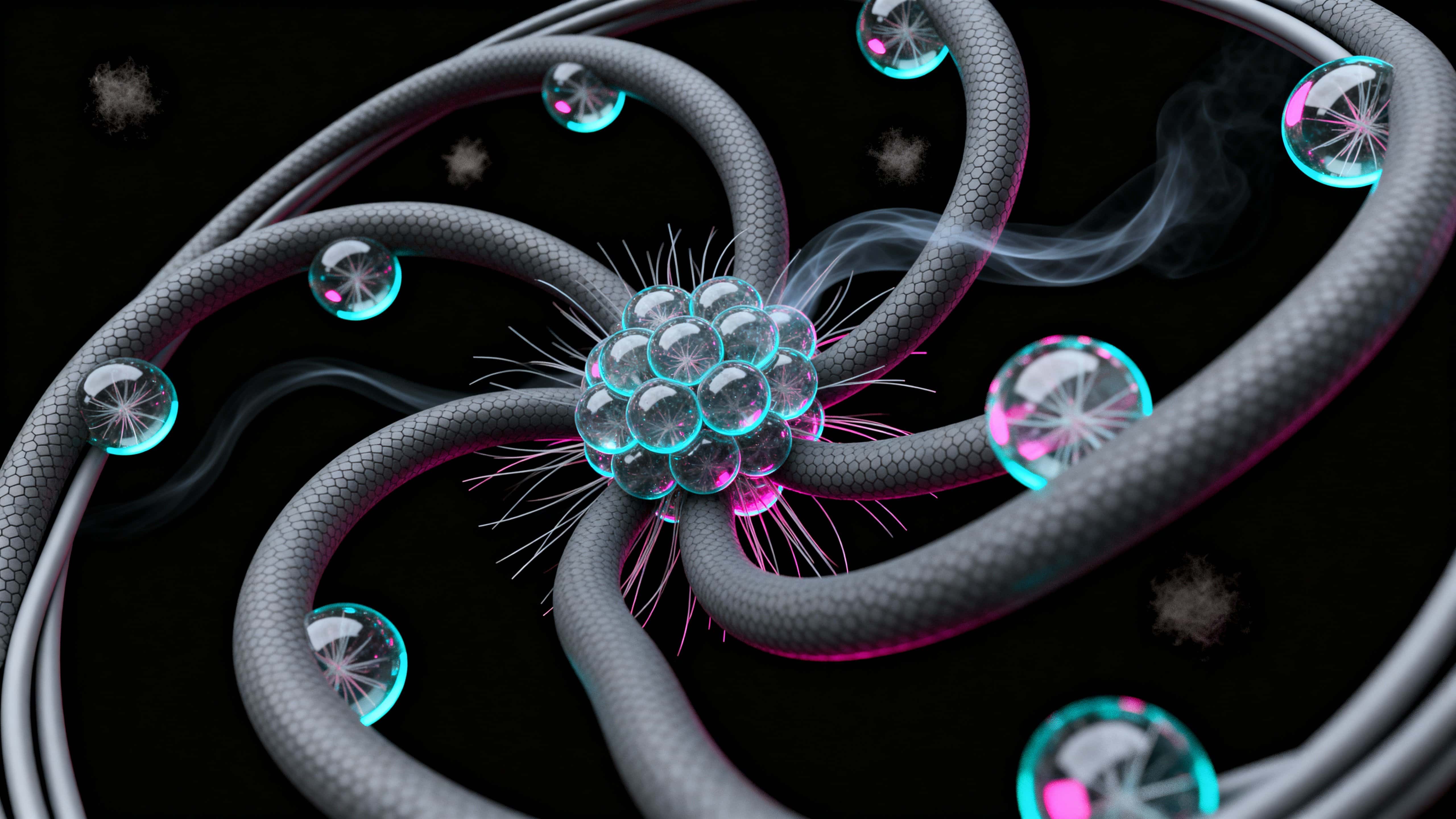 A matte-graphite techno-organic vine coils into a central bloom of frosted-glass node orbs and filament whiskers against a deep black field, cyan-magenta biolum.