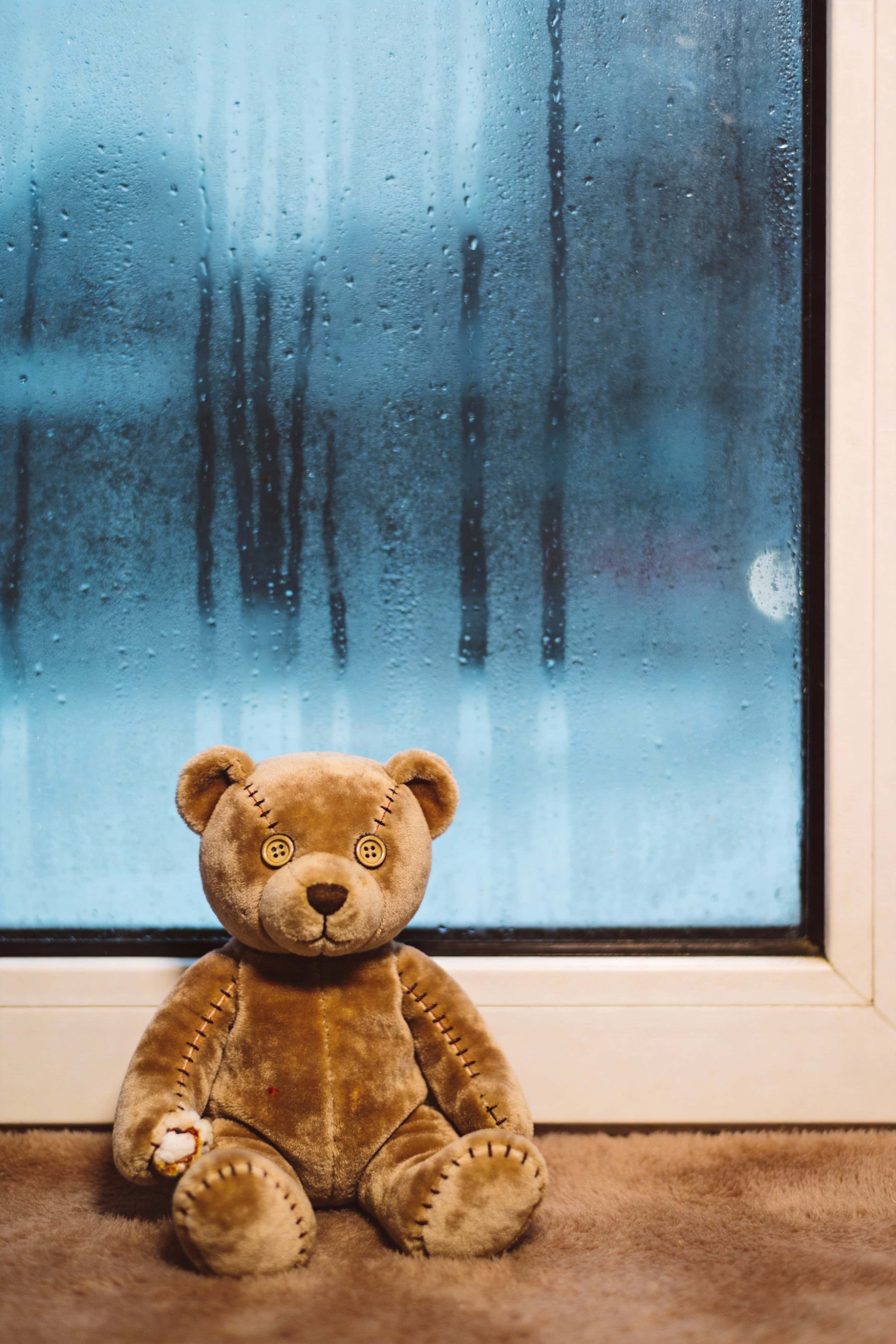 Close-up product photograph of a plush teddy bear seated beside a rain-speckled window within a 2:3 portrait frame, styled for poster or wallpaper use.