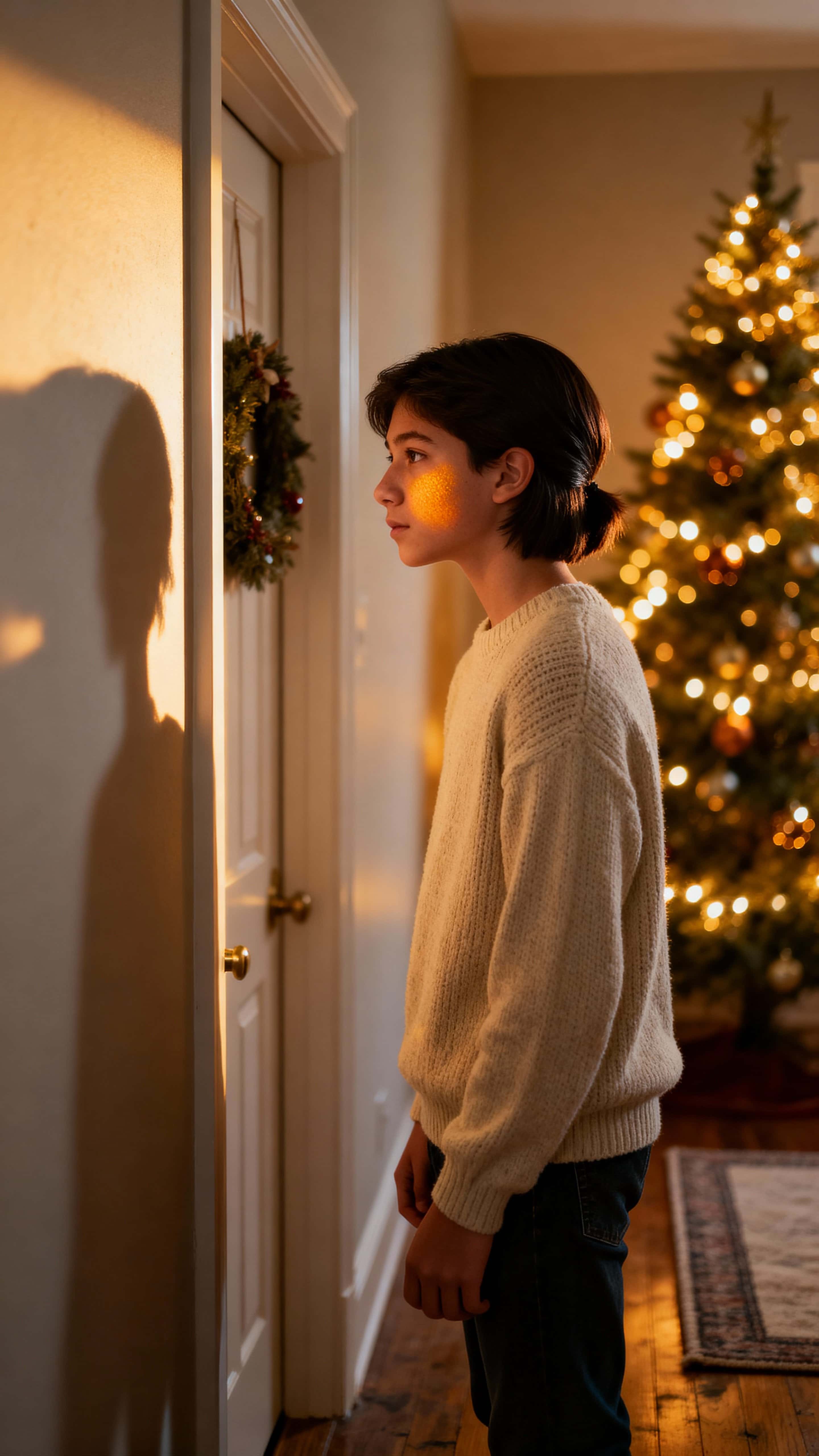 Vertical photographic scene of a 16-year-old by a front door, soft hallway light and a glowing Christmas tree creating a calm, expectant holiday mood.