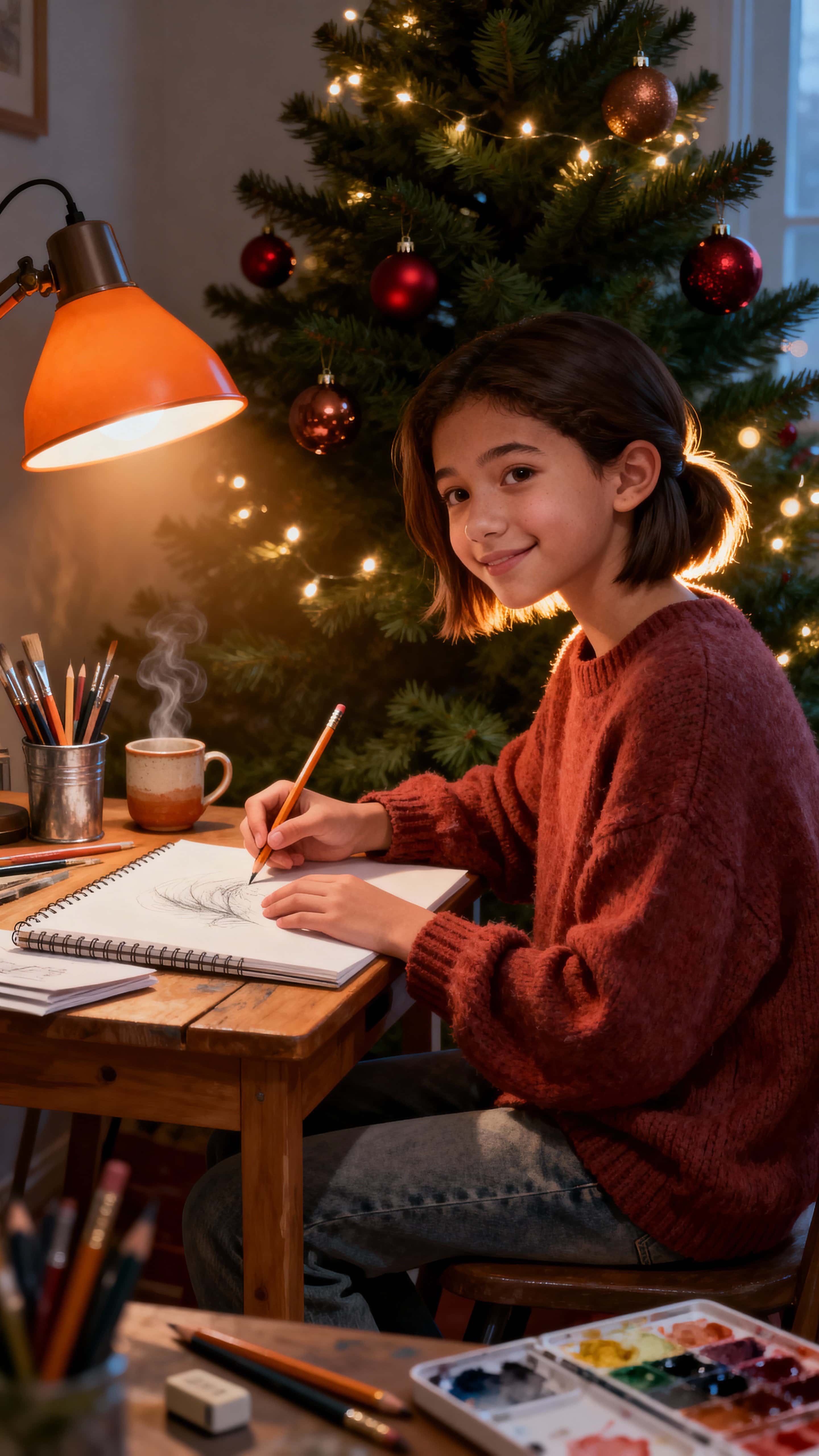 Vertical photoreal digital painting of a teenage artist focused at a desk beside a warmly lit Christmas tree, bathed in lamp and golden holiday glow, calm and intimate mood.