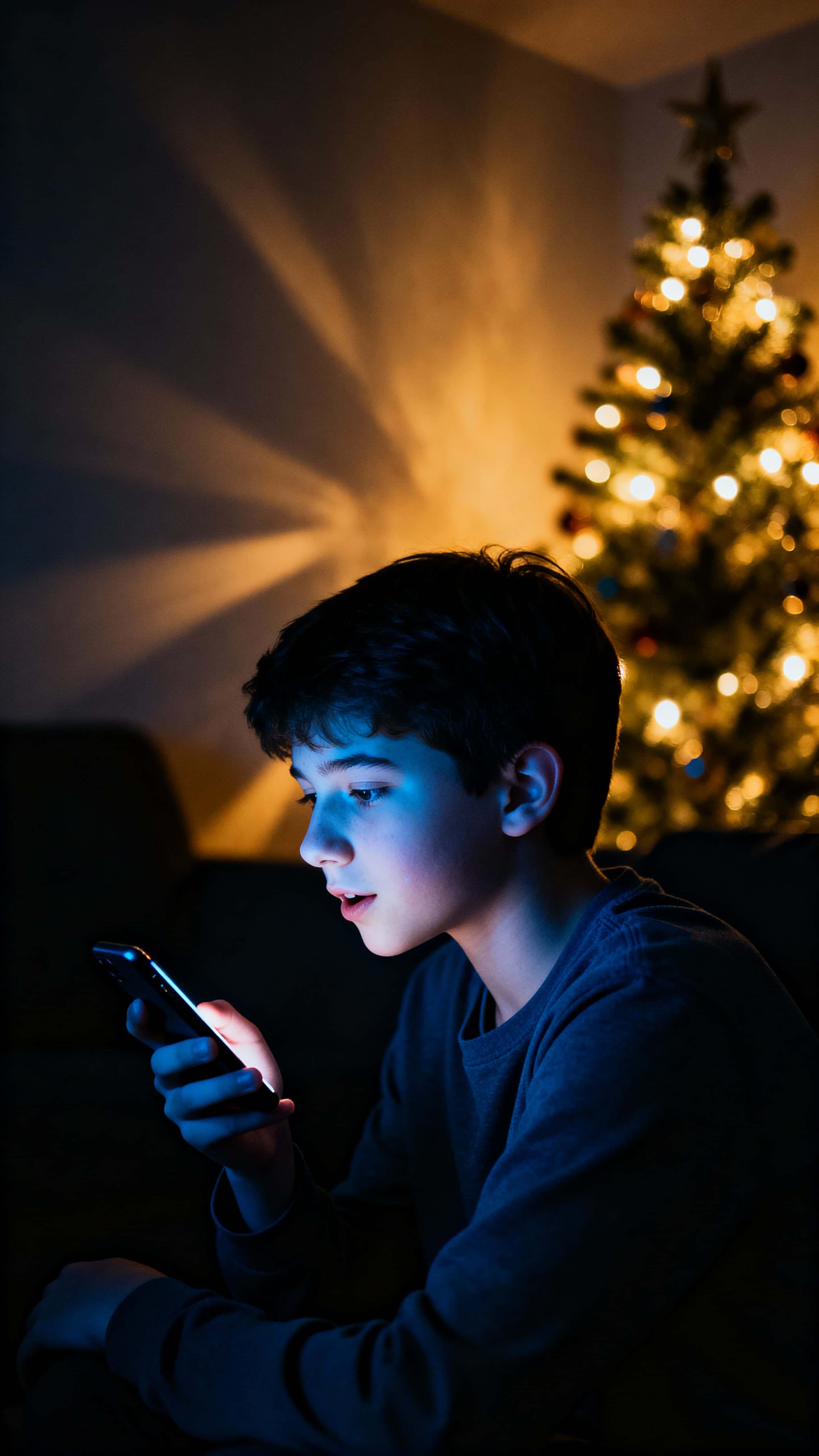 A teen records a voice message in a dark bedroom, cool phone glow lighting their face while a softly glowing Christmas tree casts warm golden highlights and deep shadows, framed vertically (9:16).