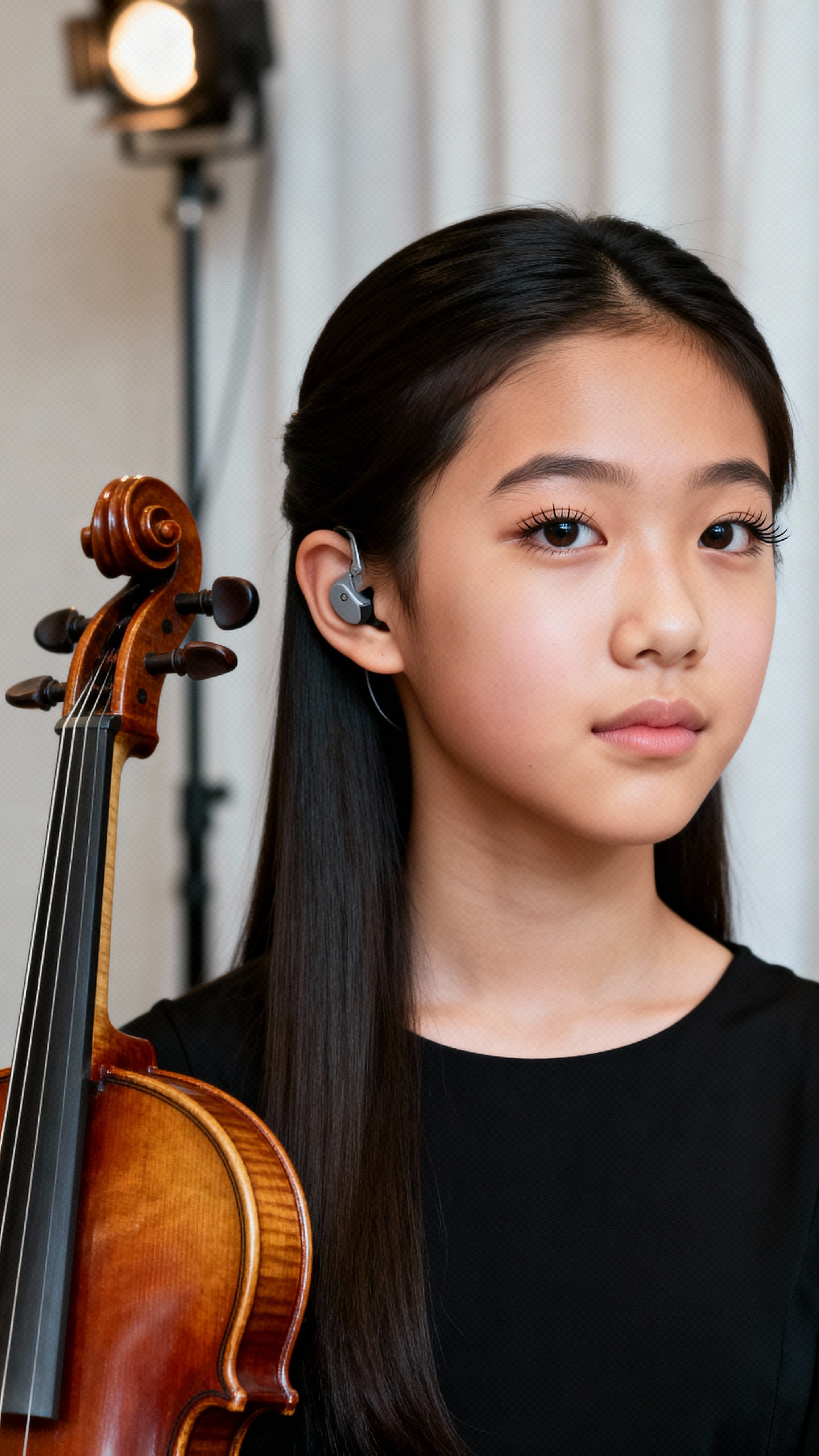 Jae, a Korean American teen violinist in a simple black top with warm ivory skin and long dark hair, stands backstage with a discreet behind-the-ear hearing aid, mahogany violin scroll, deep navy curtain and muted brass stand light.