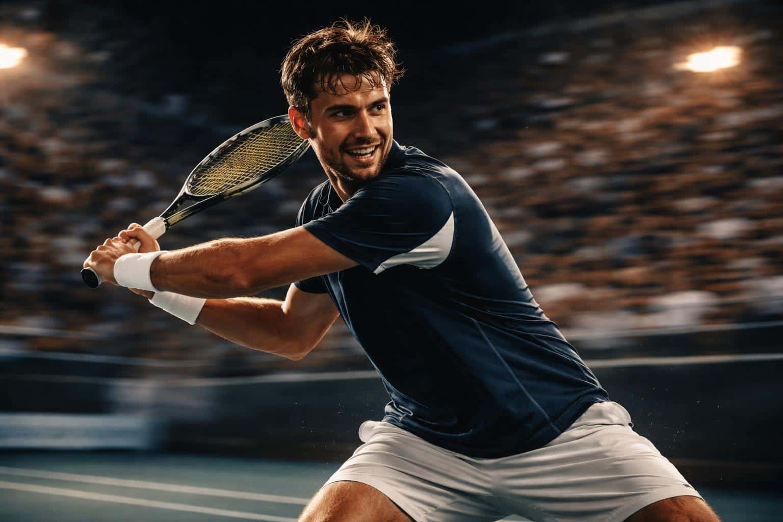 3:2 courtside shot of a late-20s tennis player mid-forehand from a low tracking pan, racket and shoulders sharp amid lateral motion streaks, warm rim light on sweat and deep charcoal shadows with cool slate tones, subtle film grain, brightest bokeh kept off the face.