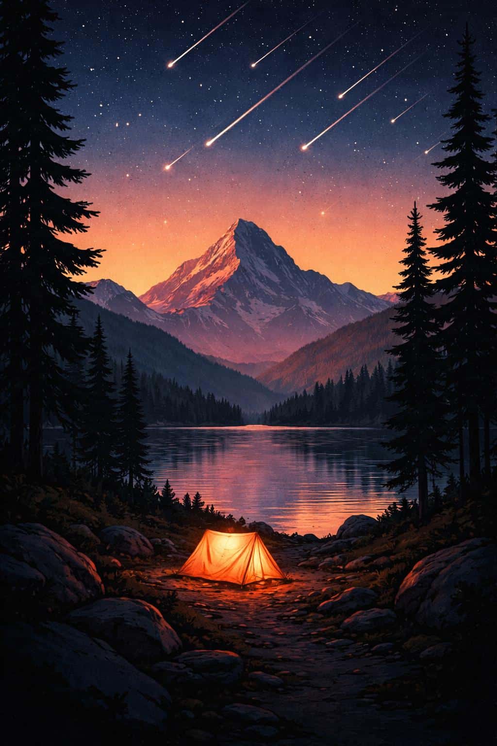 A stylized digital painting of a glowing tent beside a reflective lake beneath a central mountain and meteor-filled twilight sky, composed as a vertical 2:3 wallpaper scene.