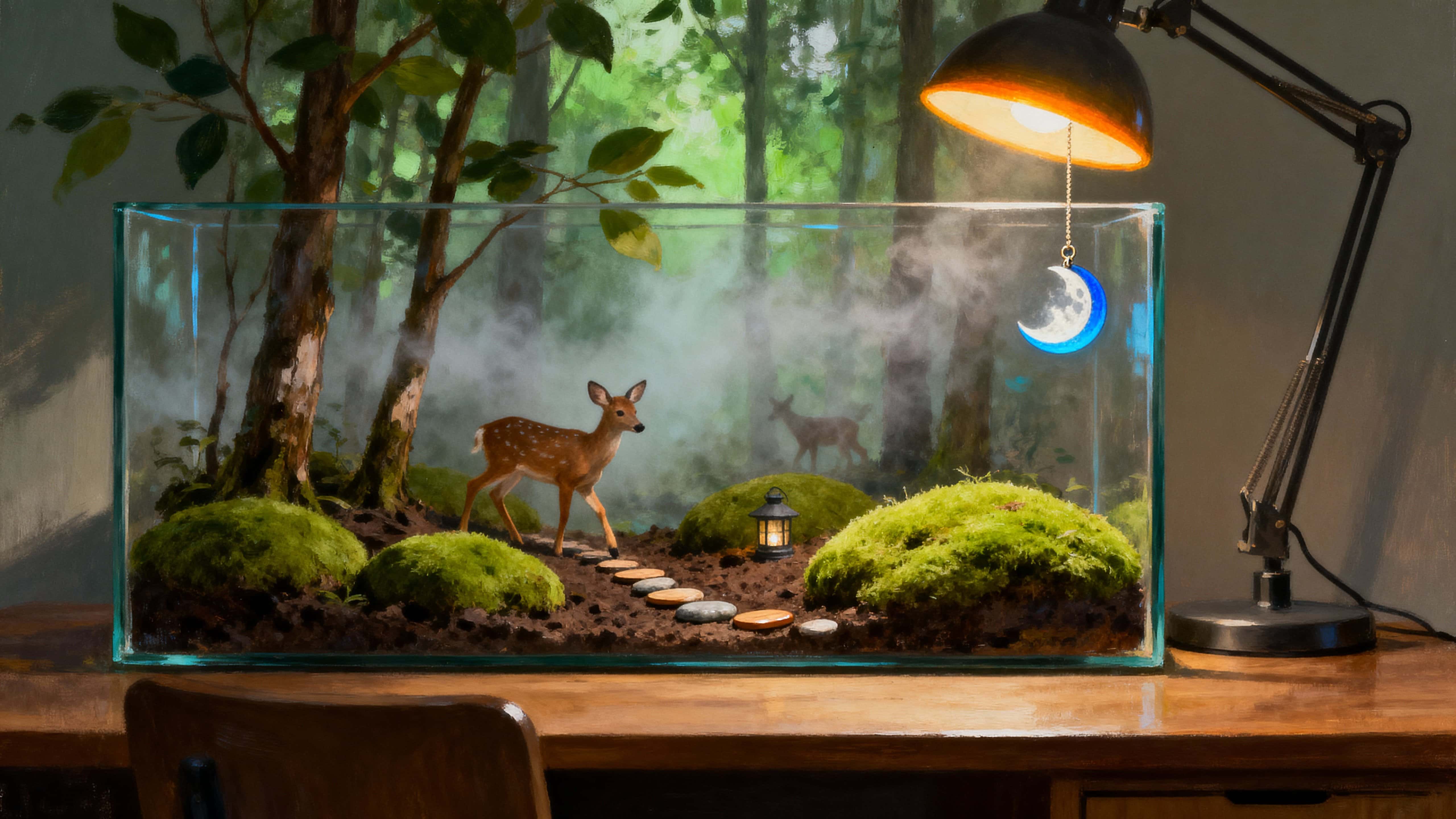 A desk lamp casts a warm amber halo over a glass terrarium where a tiny mossy forest grows and miniature deer wander beneath a suspended moon charm, creating a quiet, magical scene.