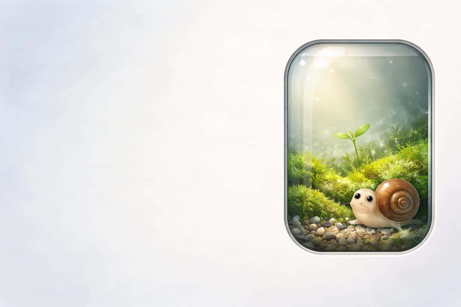 A 3:2 scene with a pale cool gradient and subtle texture on the left, and a rounded-window terrarium at right containing moss, stones, a sprout, and a glossy-shelled snail.