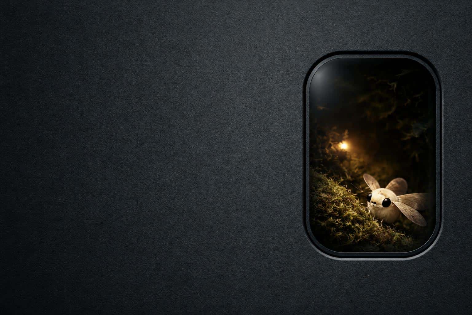 Minimal 3:2 scene with a midnight-slate background and left negative space, showing a rounded-rectangle window at right with a dim terrarium, dark moss, a faint warm glow, and a small moth near the glass.