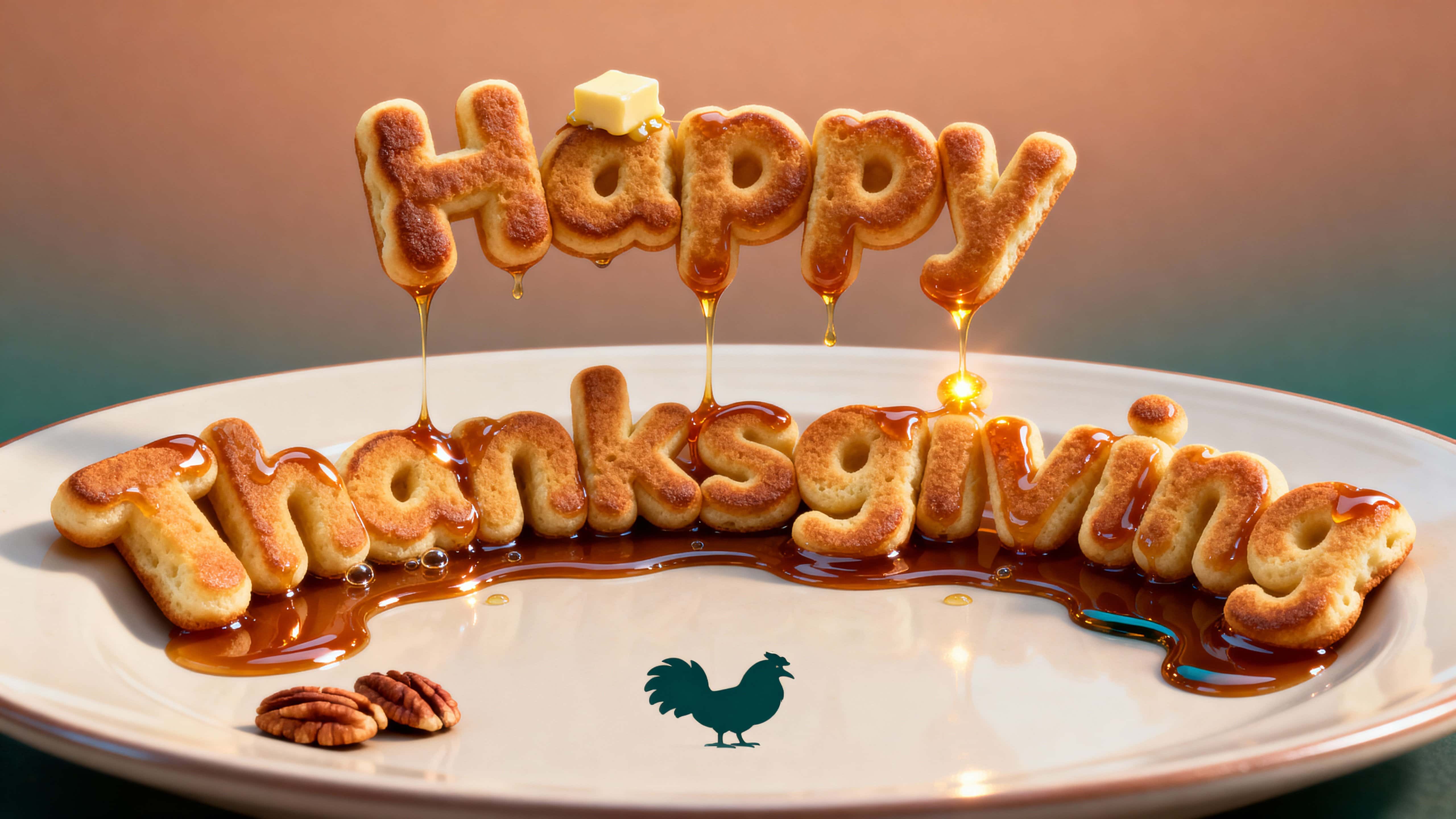 Cinematic 3D of pillowy pancake-like letters spelling "Happy Thanksgiving" glazed in maple syrup, centered on a cream plate with warm gradient background and subtle props.