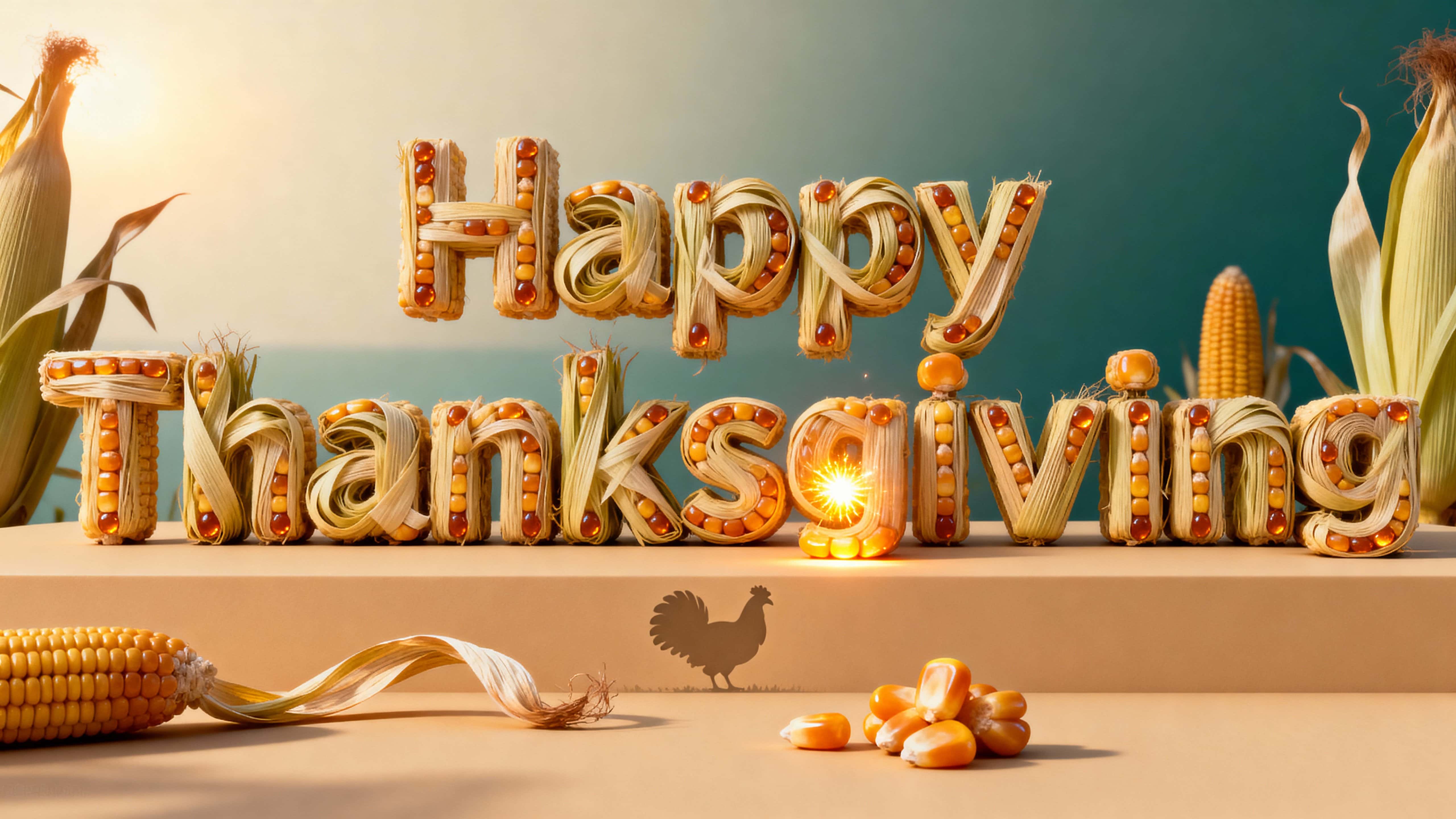 A cinematic 16:9 scene of 'Happy Thanksgiving' letters woven from pale golden corn husks and glossy kernels on a warm beige platform, accented by a tiny kernel spark.