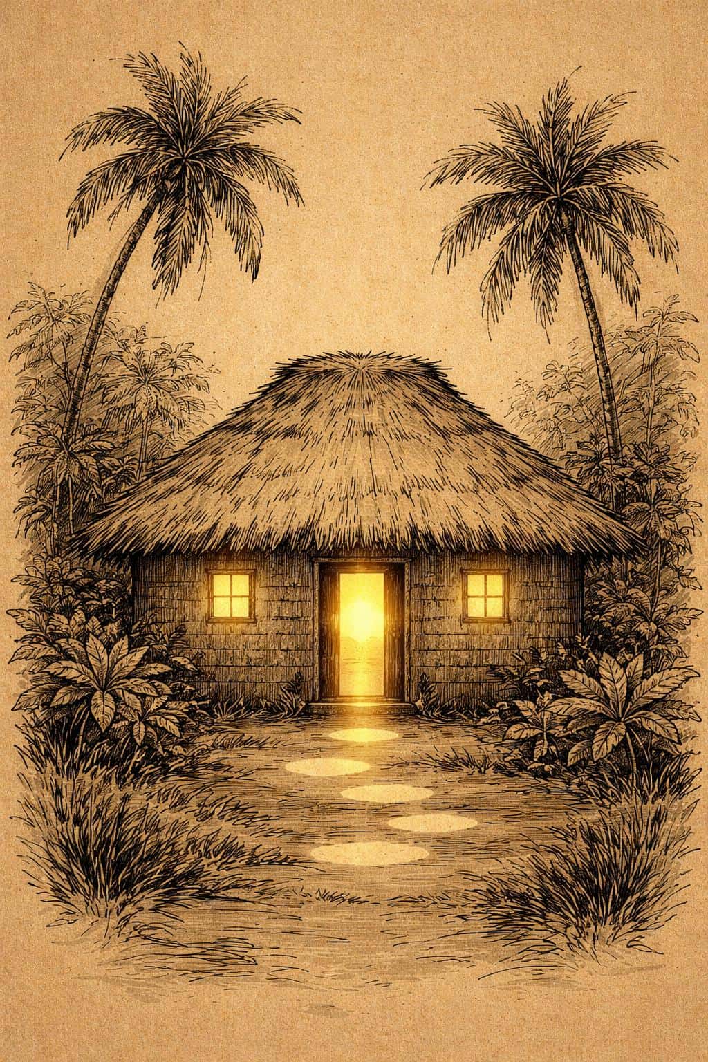 Faithful reproduction of a vertical 2:3 sketch showing a small thatched hut with warm interior glow and hand-drawn black ink lines, for poster-cover use.