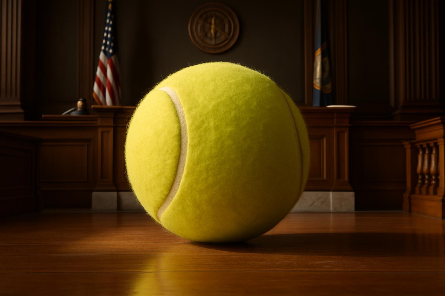 A large, tactile tennis ball sits solemnly on the polished center of a classical courtroom, turning a legal chamber into a stage for choice and consequence. The image contrasts sport and judgement, inviting a moment of decision rendered with artistic, dramatic clarity.