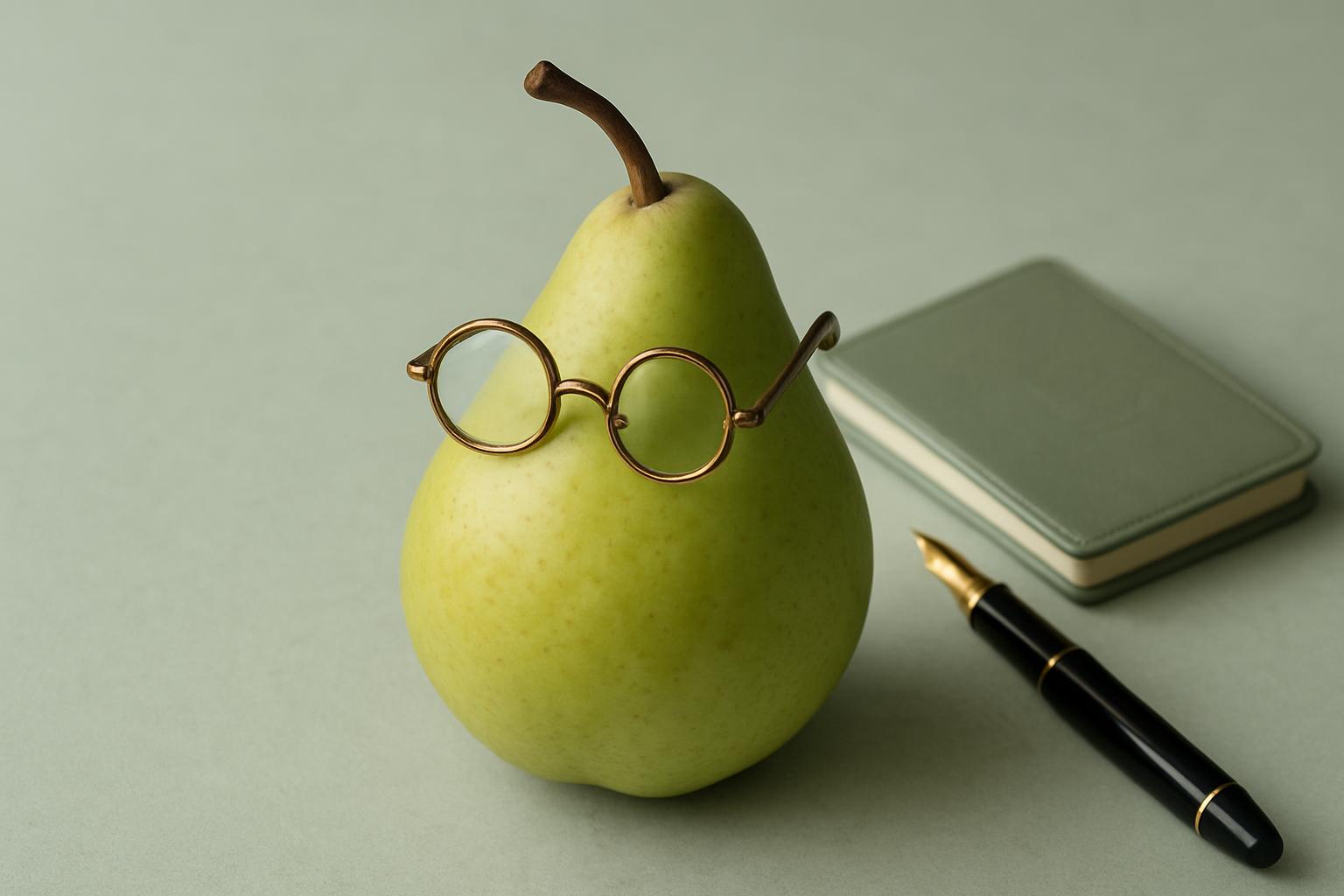 A whimsical still-life scene of a distinguished pear adjusting its tiny glasses as if about to lecture on fruitology; soft overhead lighting and scholarly props lend gentle humor and a warm, academic feel in light green hues and smooth textures.