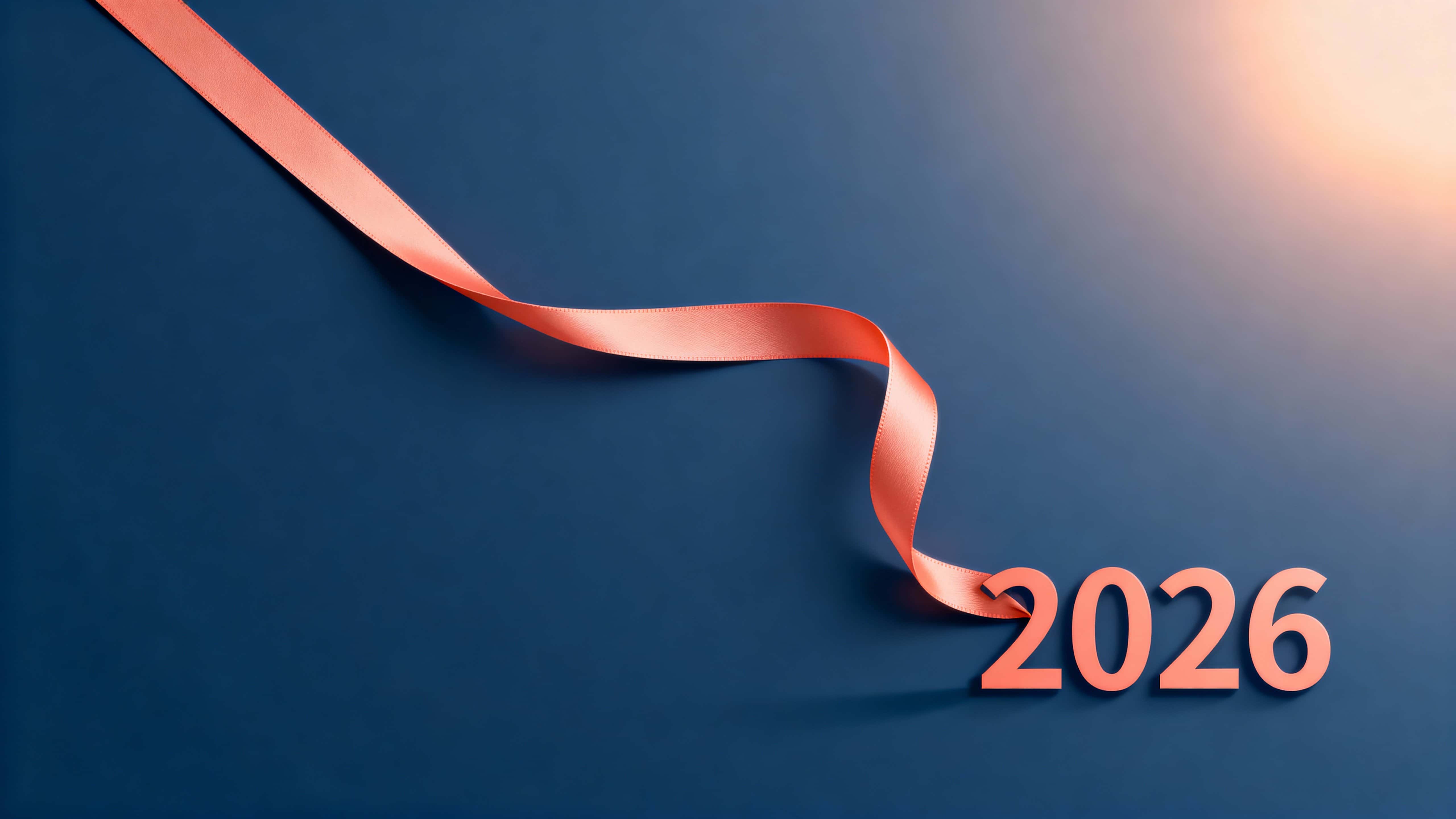 A single thin coral ribbon floats across a 16:9 frame, its trailing end curling smoothly into the numerals '2026' over a calm soft-gradient background, modern and elegant.
