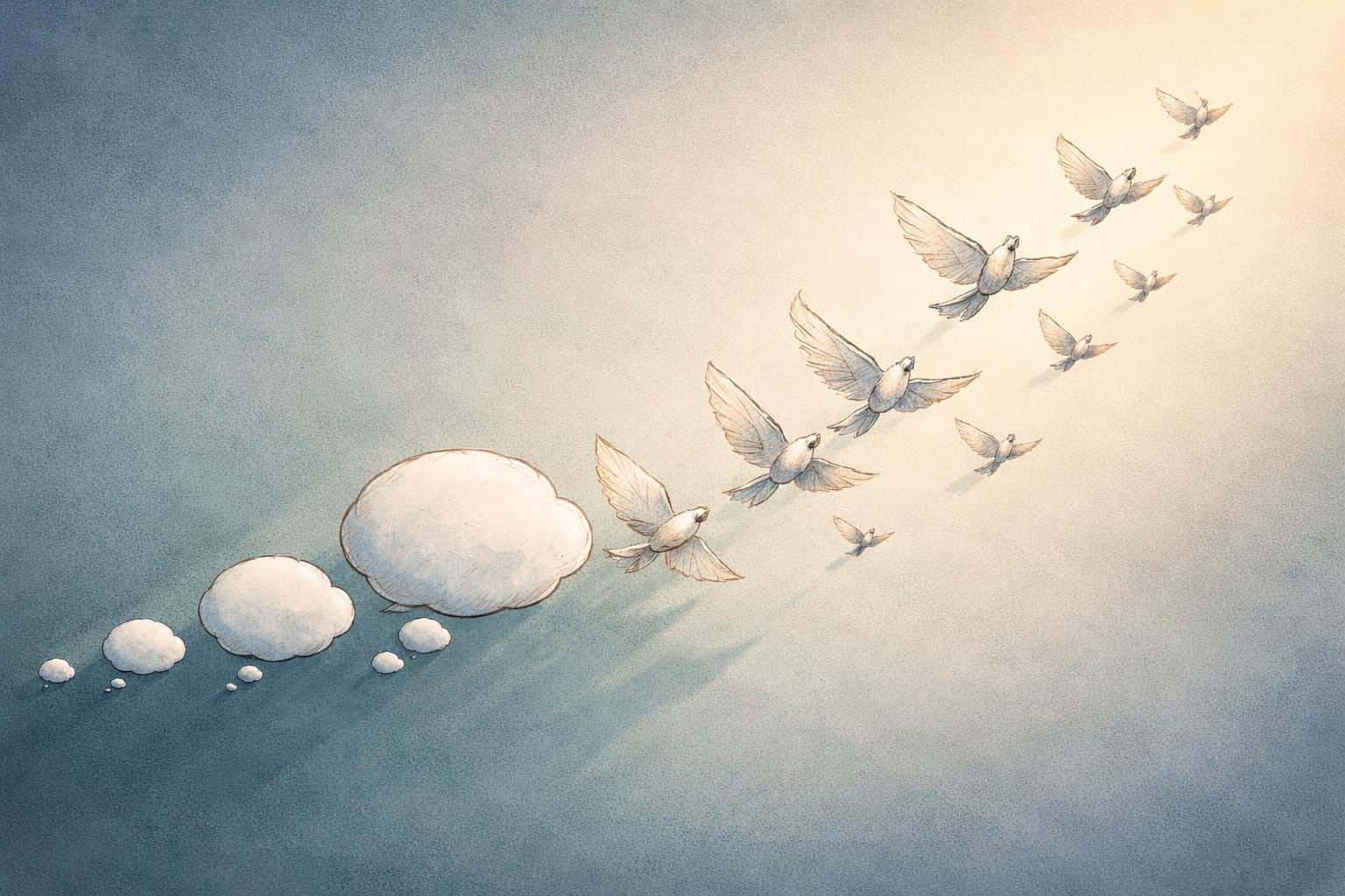 Surreal digital painting of thought bubbles dissolving into birds, wide 3:2 poster composition with poetic motion, soft light and textured paper finish.