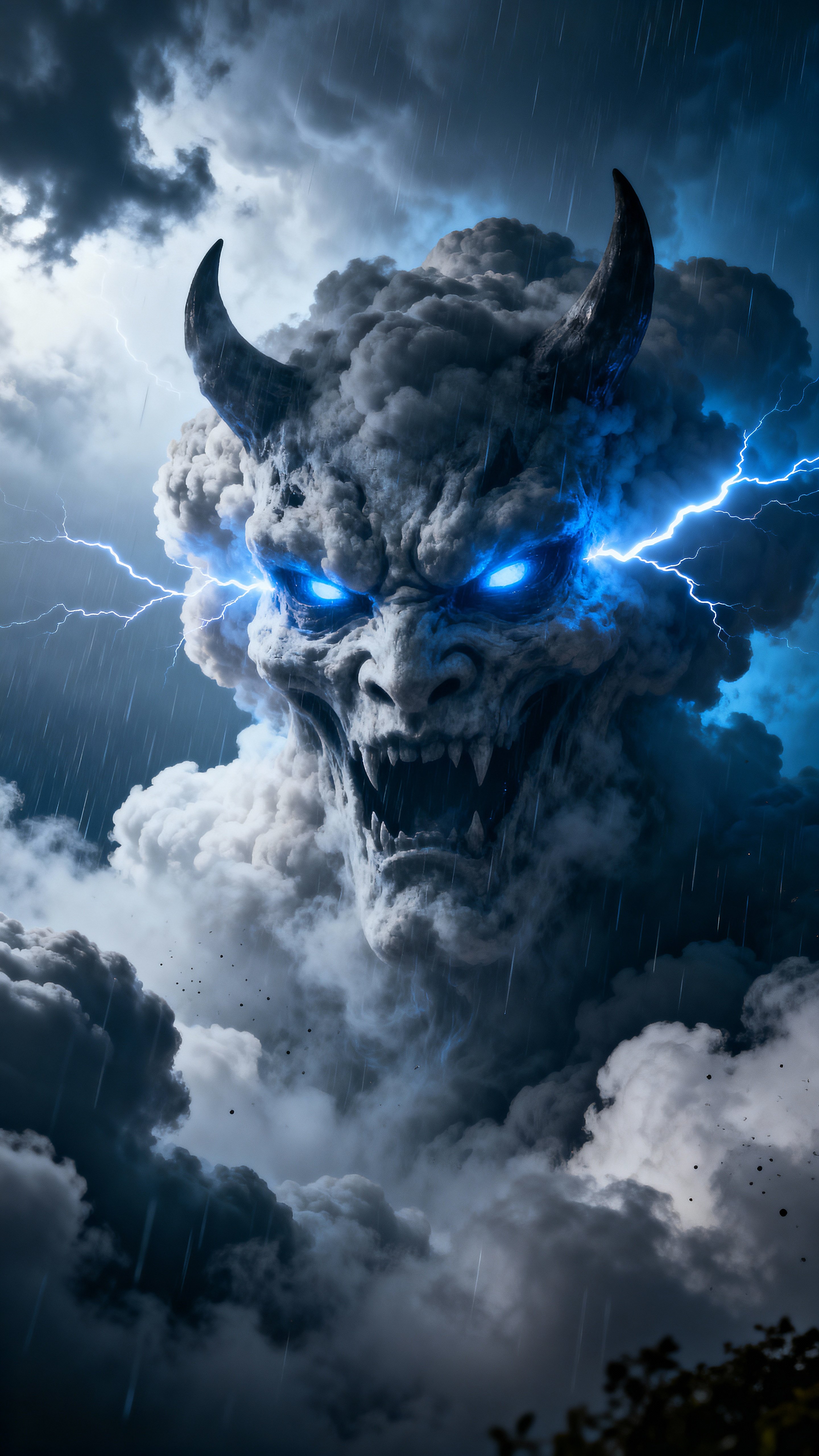 A dramatic, high-resolution HDR photo-style render of a thunderstorm cloud shaped like a ghostly demon face. Lightning bolts shoot from the demon's eyes, illuminating textured cloud details and atmospheric rain. Moody, cinematic lighting, a
