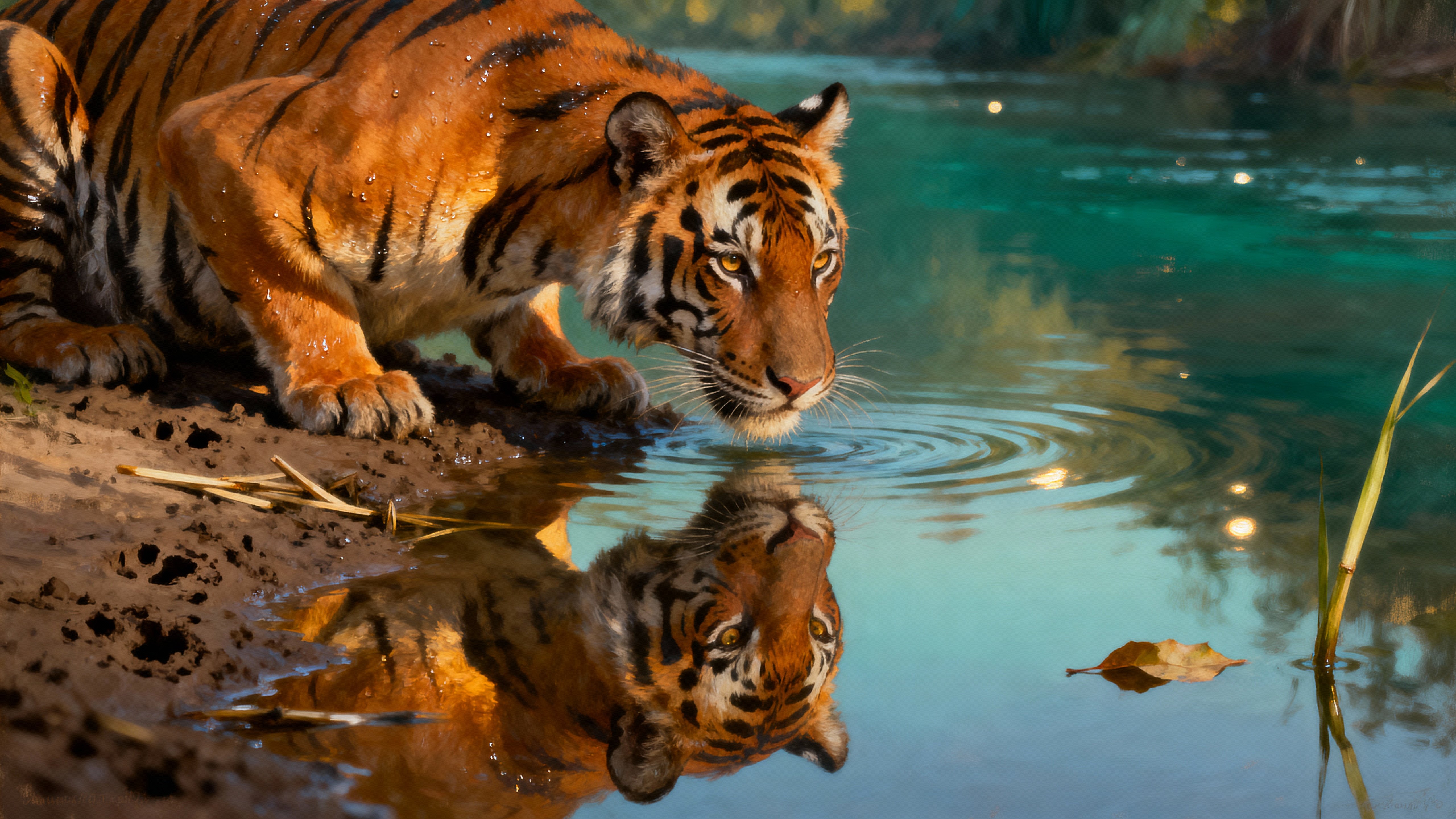 A crouched tiger centered in a 16:9 vertical-framed scene, muscles coiled and focused on its near-identical reflected face across a glassy river at warm golden hour.
