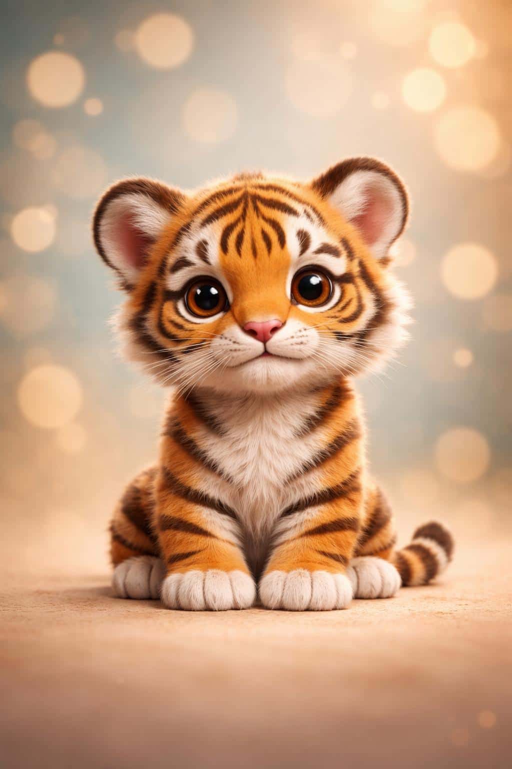 Adorable young tiger cub rendered as a polished 3D character with expressive eyes, soft bokeh background, and dreamy aesthetic perfect for wallpaper and character design.