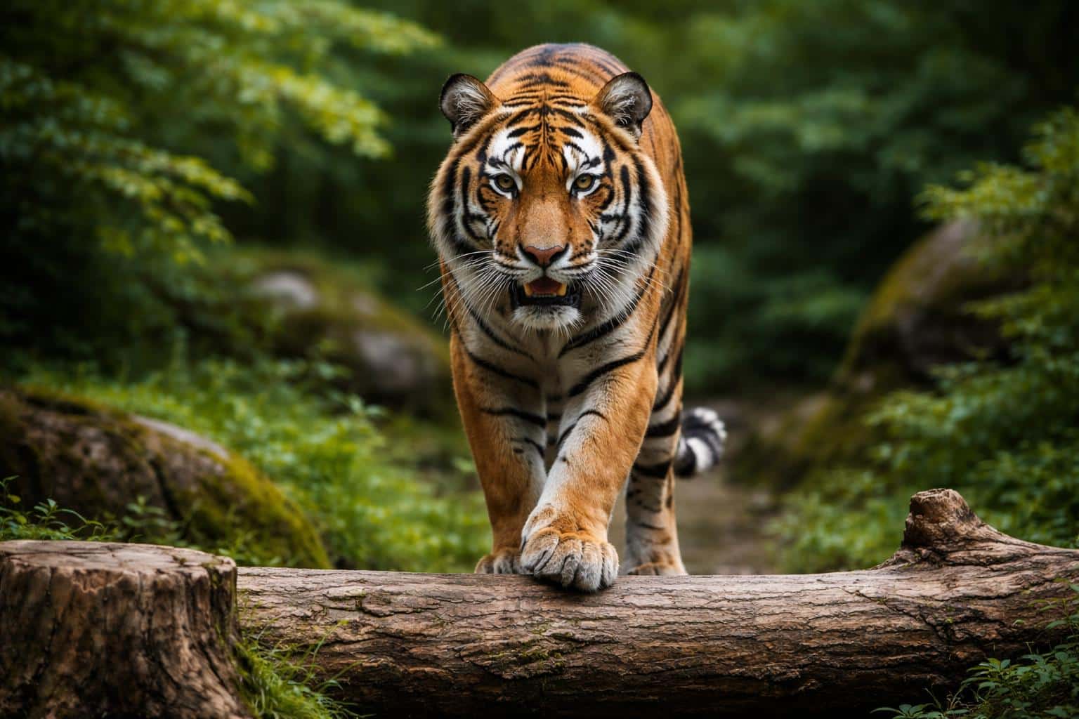 Close-centered tiger portrait in natural light, photographed at eye level on a fallen log with lush green foliage background, composed as a 3:2 poster-style image.