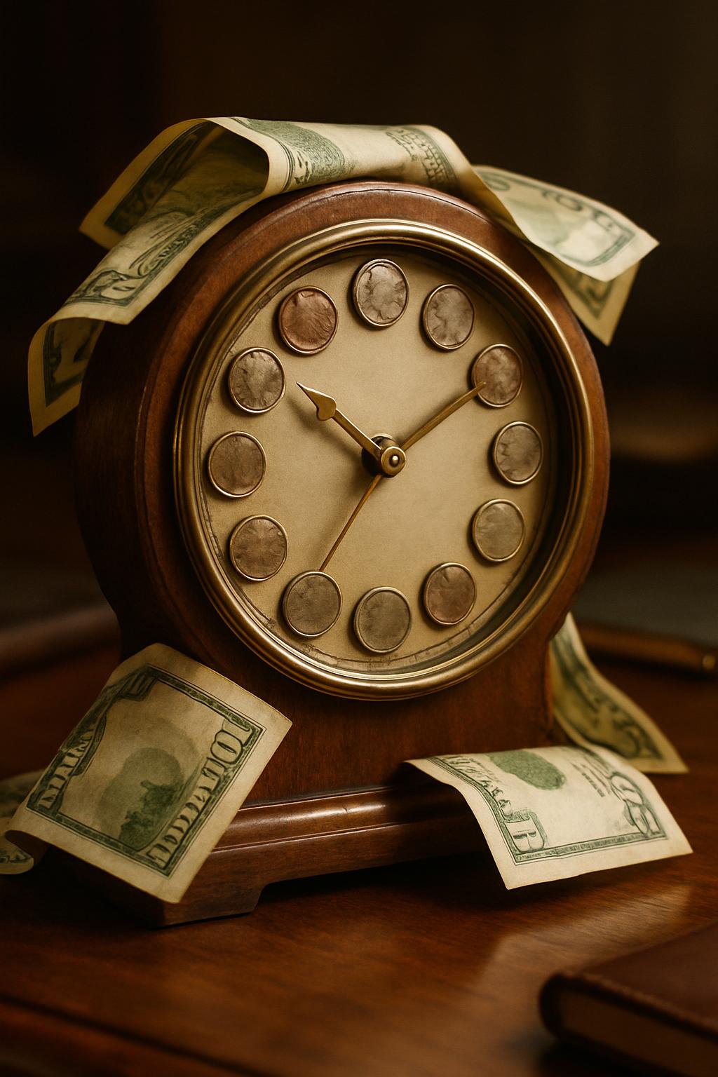 A close, tactile study of a vintage wooden desk clock lavishly draped in dollar bills and coin-marked numerals, set within an executive office. The image explores the adage 'time is money' through sumptuous textures, precise lighting, and rich material detail.