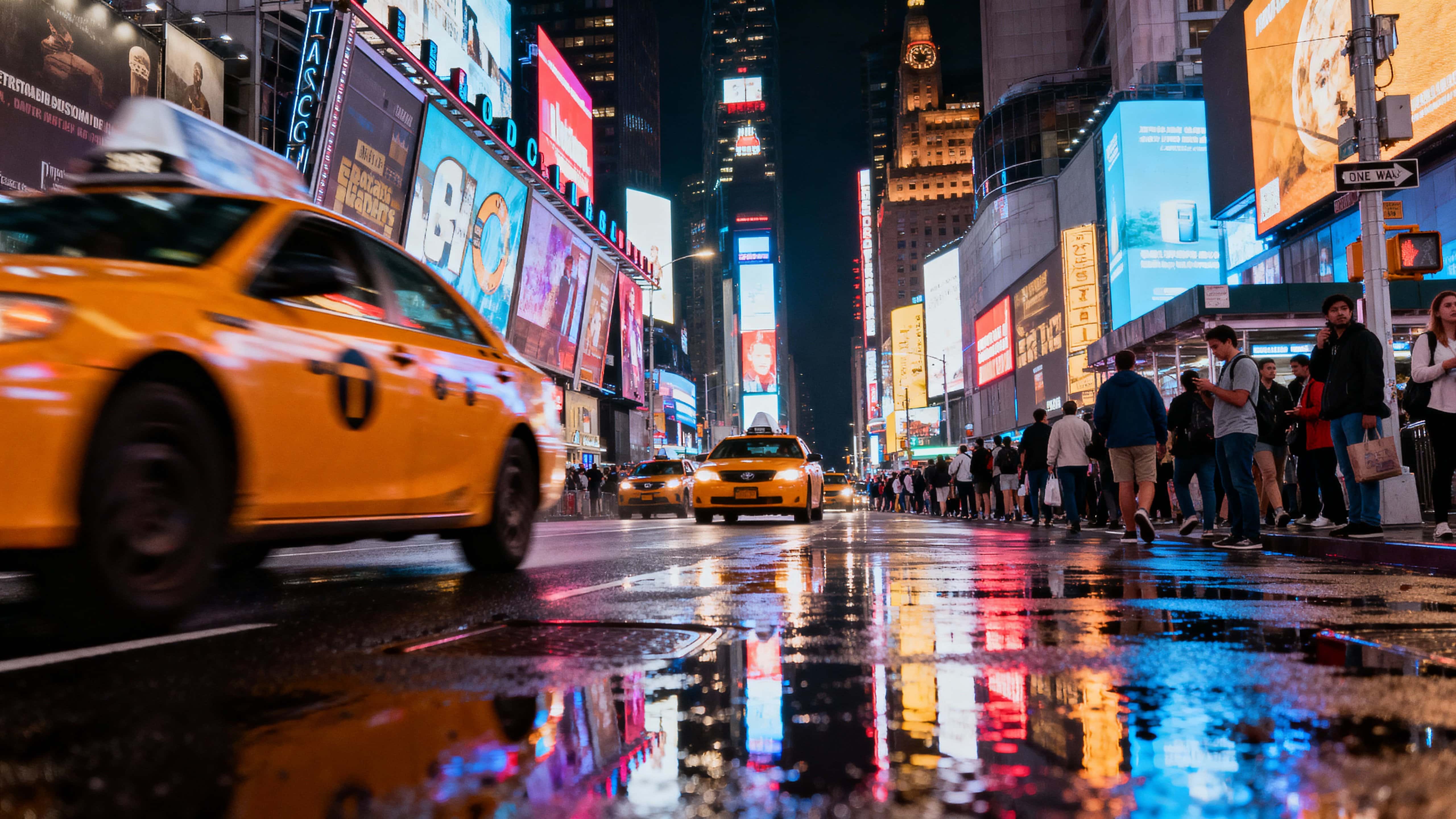 A crowded Times Square at night with bright neon billboards reflecting on wet pavement after rain, blurred yellow taxis streaking through a cinematic, energetic urban scene.