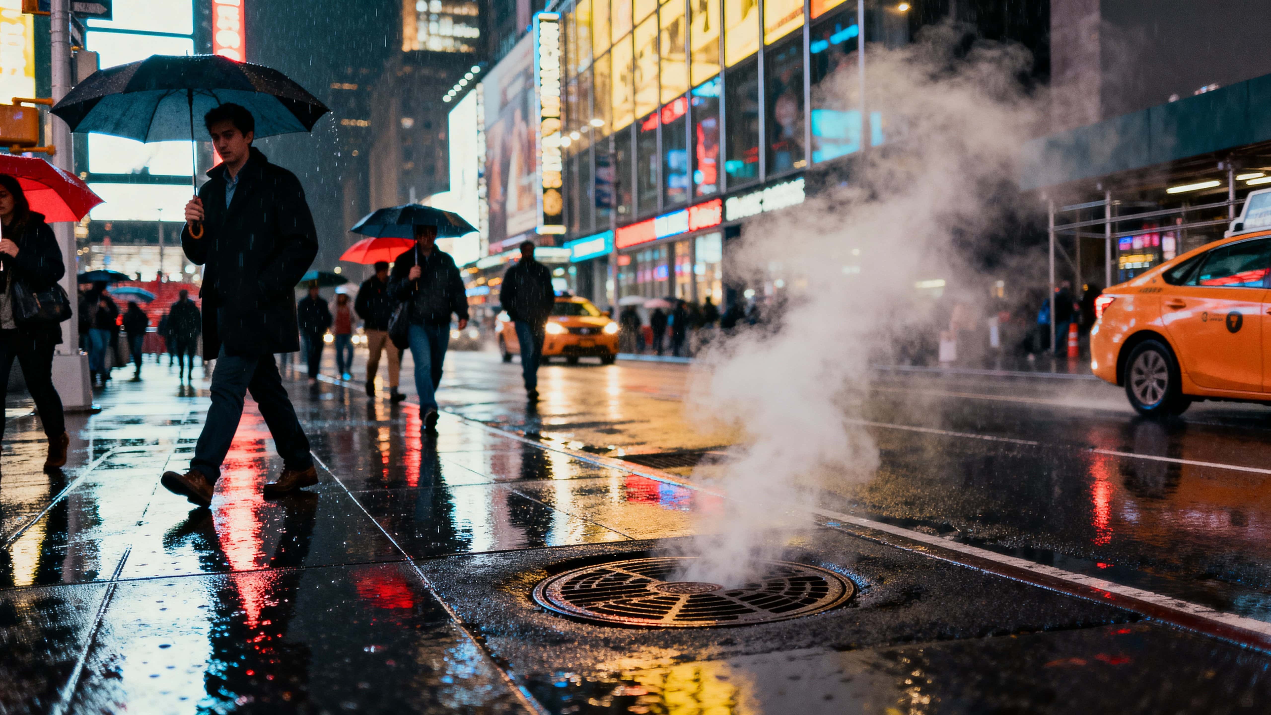 Times Square at night just after heavy rain, neon signs reflecting on wet asphalt as pedestrians with umbrellas move beneath rising manhole steam in a cinematic, moody scene.