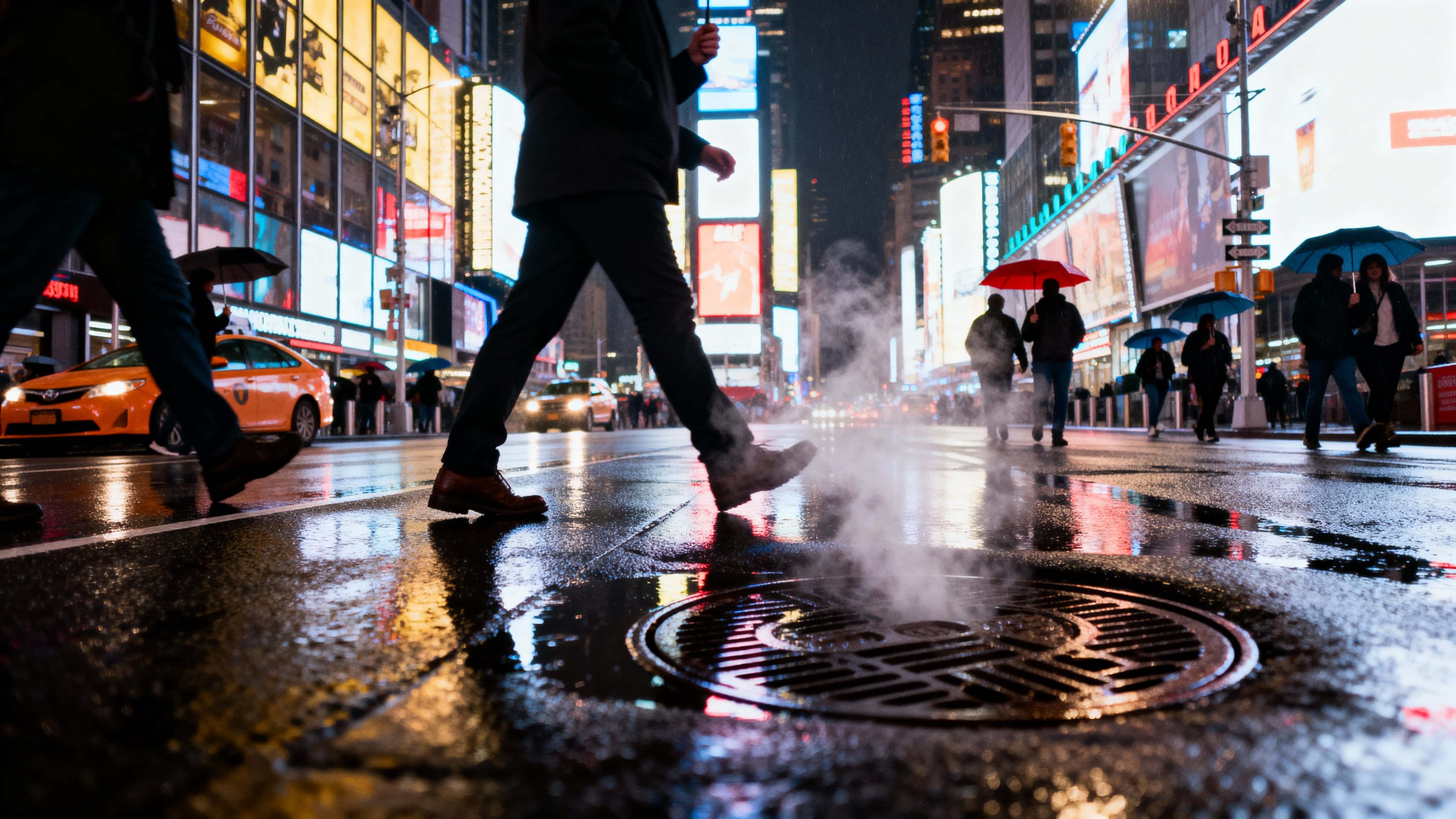 Times Square at night just after heavy rain, neon signs reflecting on wet asphalt as pedestrians with umbrellas move beneath rising manhole steam in a cinematic, moody scene.
