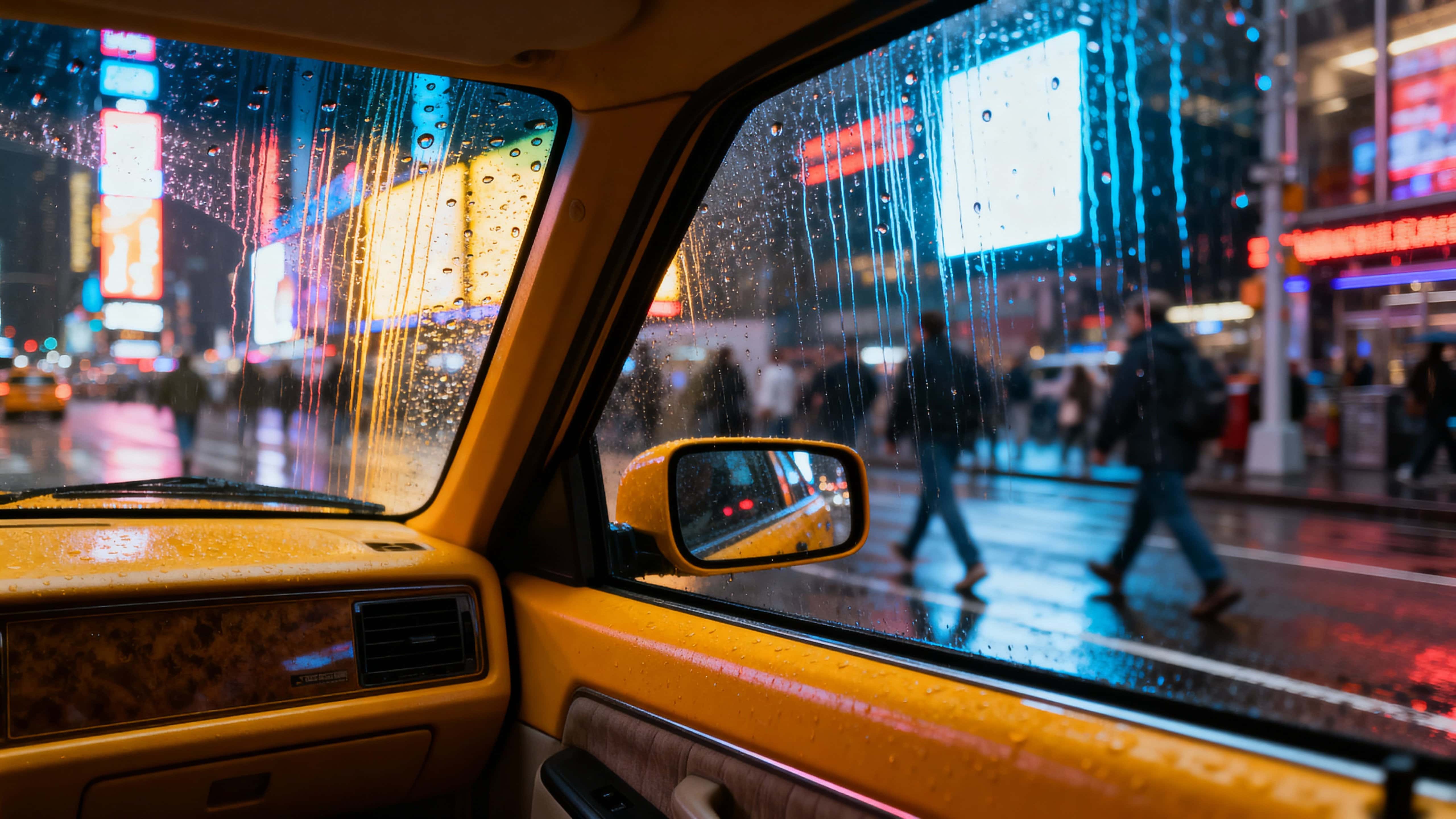 A rainy view of Times Square seen from inside a yellow taxi, raindrops beading on the window, glowing billboard reflections and blurred pedestrians conveying cinematic isolation amid chaos.