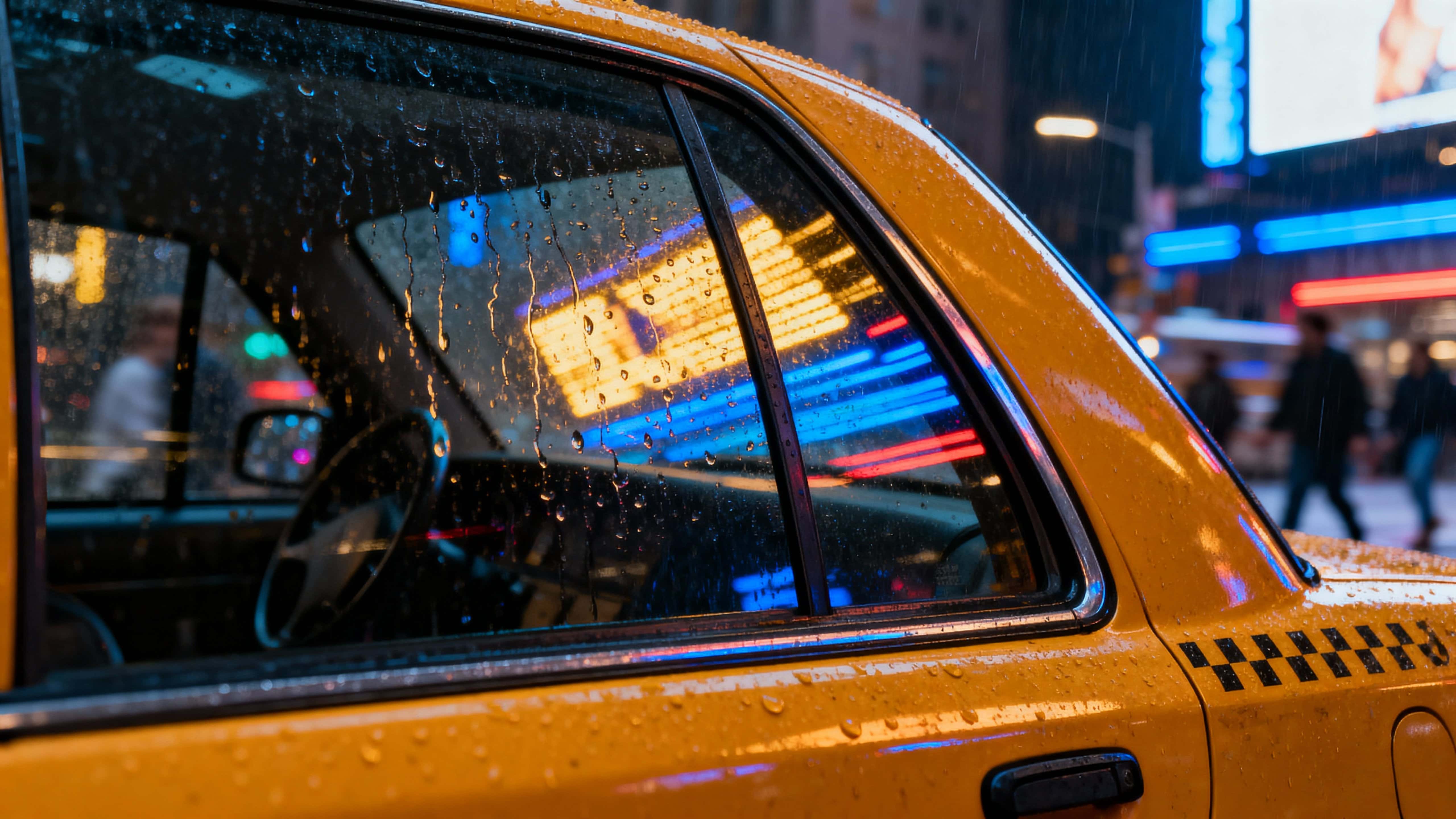 A rainy view of Times Square seen from inside a yellow taxi, raindrops beading on the window, glowing billboard reflections and blurred pedestrians conveying cinematic isolation amid chaos.