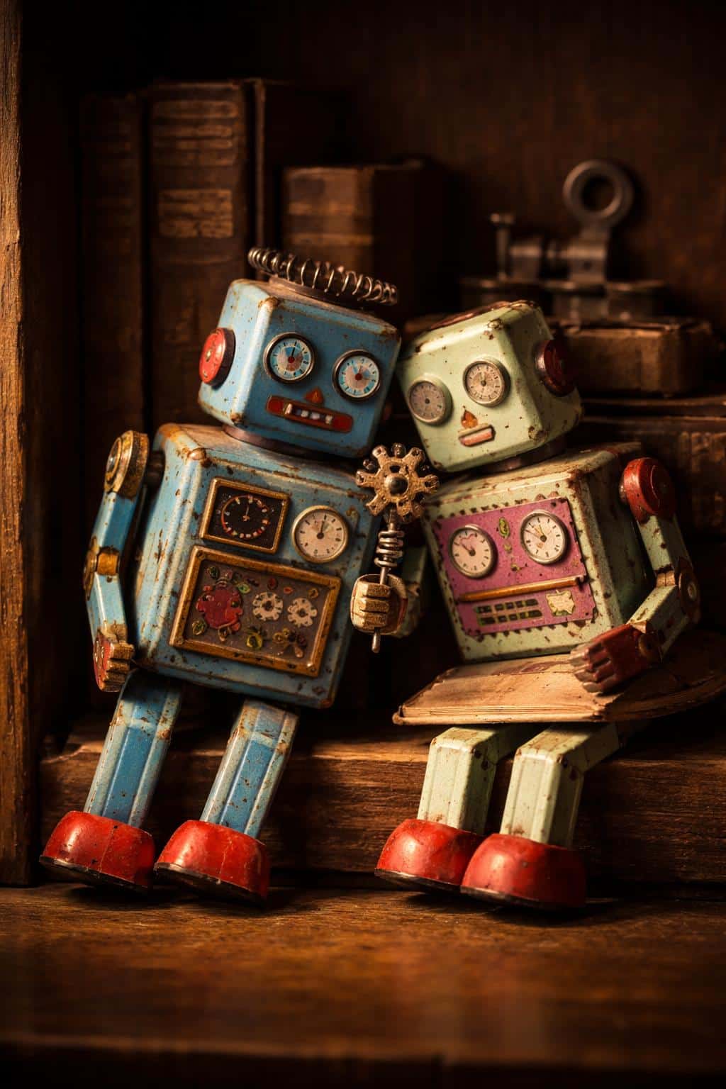 Vertical 2:3 3D render of two tin toy robots leaning on a dark wooden shelf, one offering a small metal-gear flower under warm dramatic side lighting with blurred books background.
