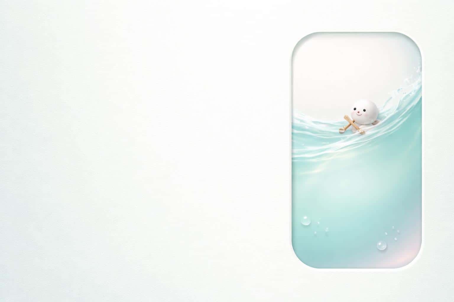 A minimalist 3:2 scene with pale mint gradient and textured negative space at left, a rounded cutout at right revealing glossy pastel liquid steered by a tiny 3D creature with a paddle.