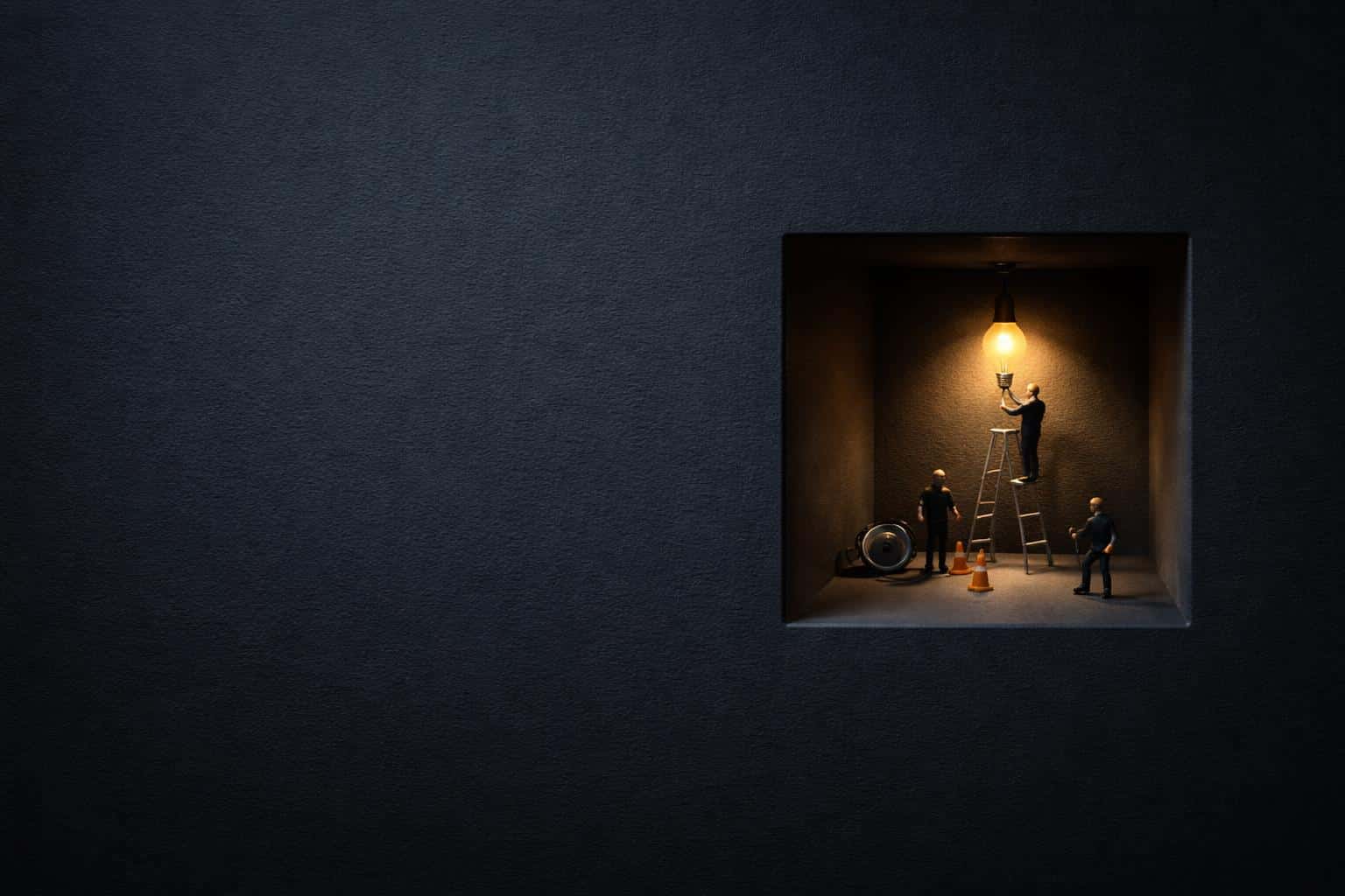 Tiny 3D workers adjust a small warm light inside a recessed cutout on a minimal midnight-slate background, preserving broad left negative space and calm mood.