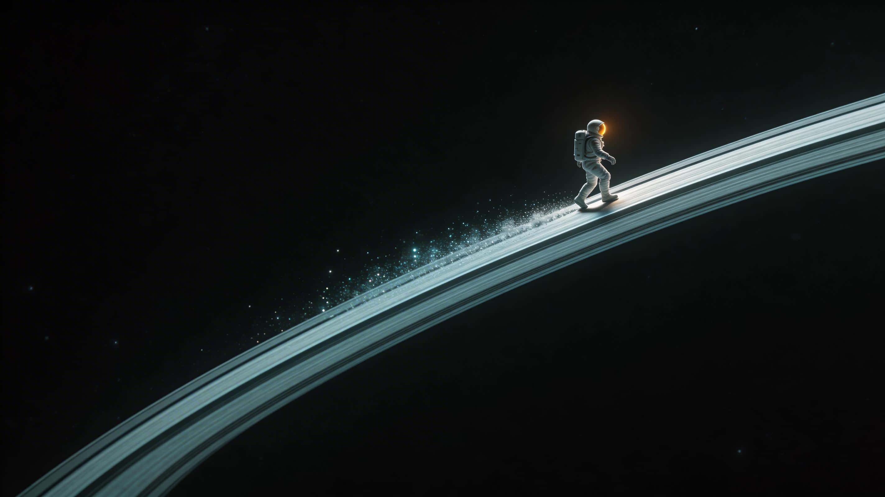 A lone astronaut traverses a crystalline ring arc against the infinite void of space, kicking up shimmering ice dust that trails into the deep black silence.