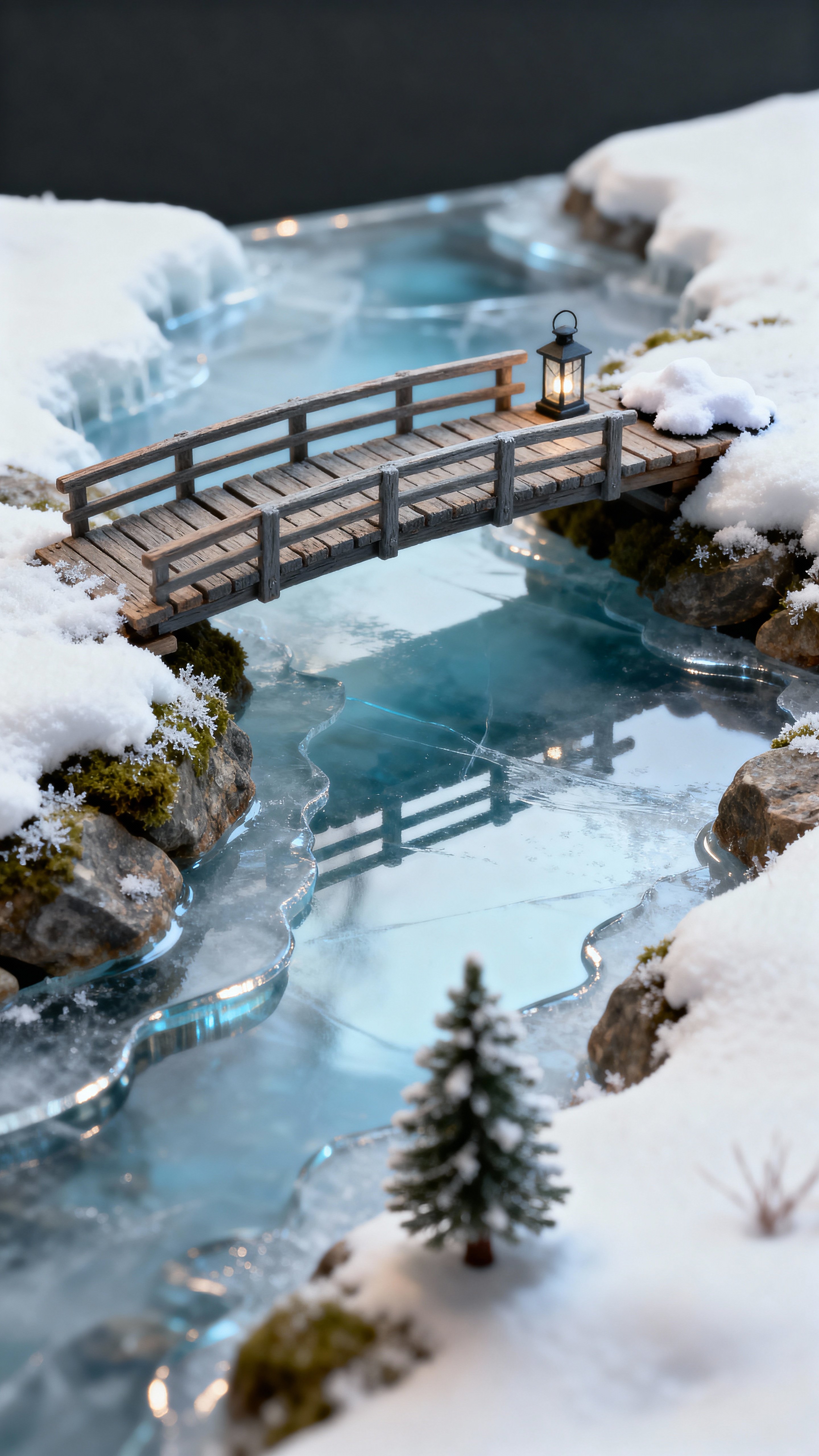 A miniature wooden bridge arches over a glassy frozen river inside a compact winter diorama, lit to emphasize frost and tiny textures for a quiet, contemplative mood.