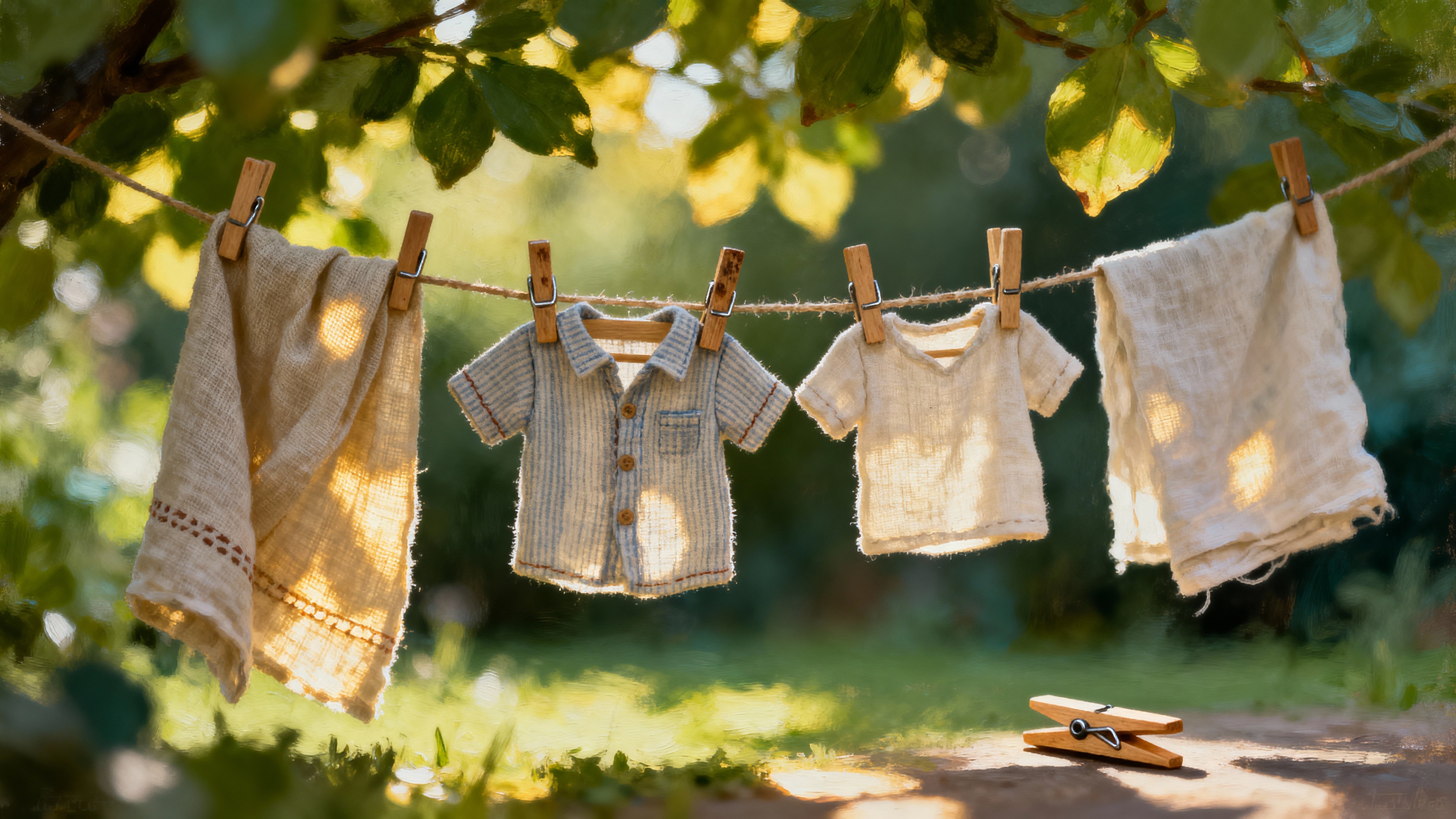 Delicate tiny clothes hang on miniature wooden hangers beneath dappled leaves with soft golden light filtering through the canopy, framed in a calm outdoor 16:9 horizontal composition.