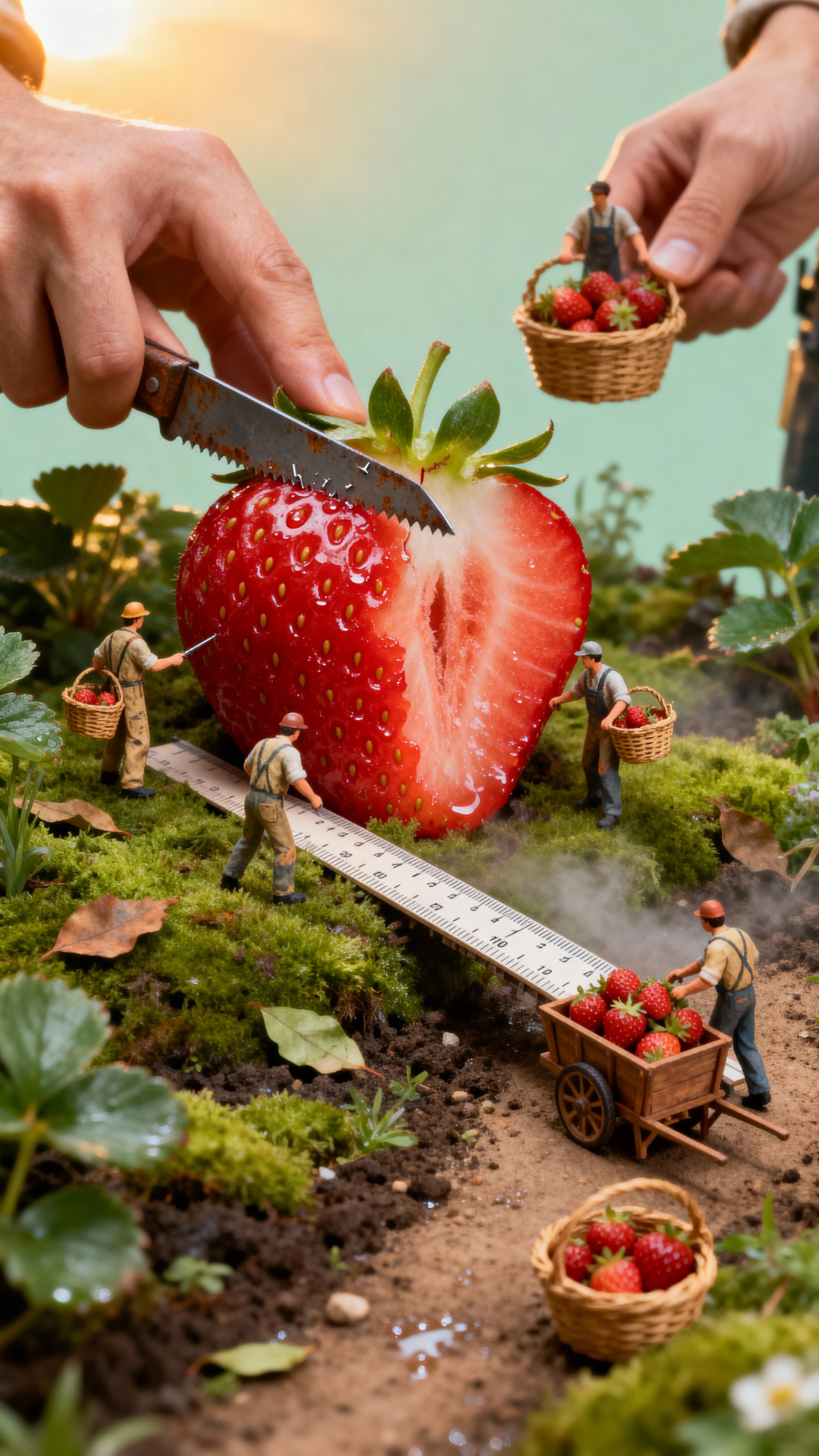 Miniature construction workers harvest a giant strawberry in a whimsical macro world, slicing fruit with saws and hauling baskets of small strawberries with cinematic realism.
