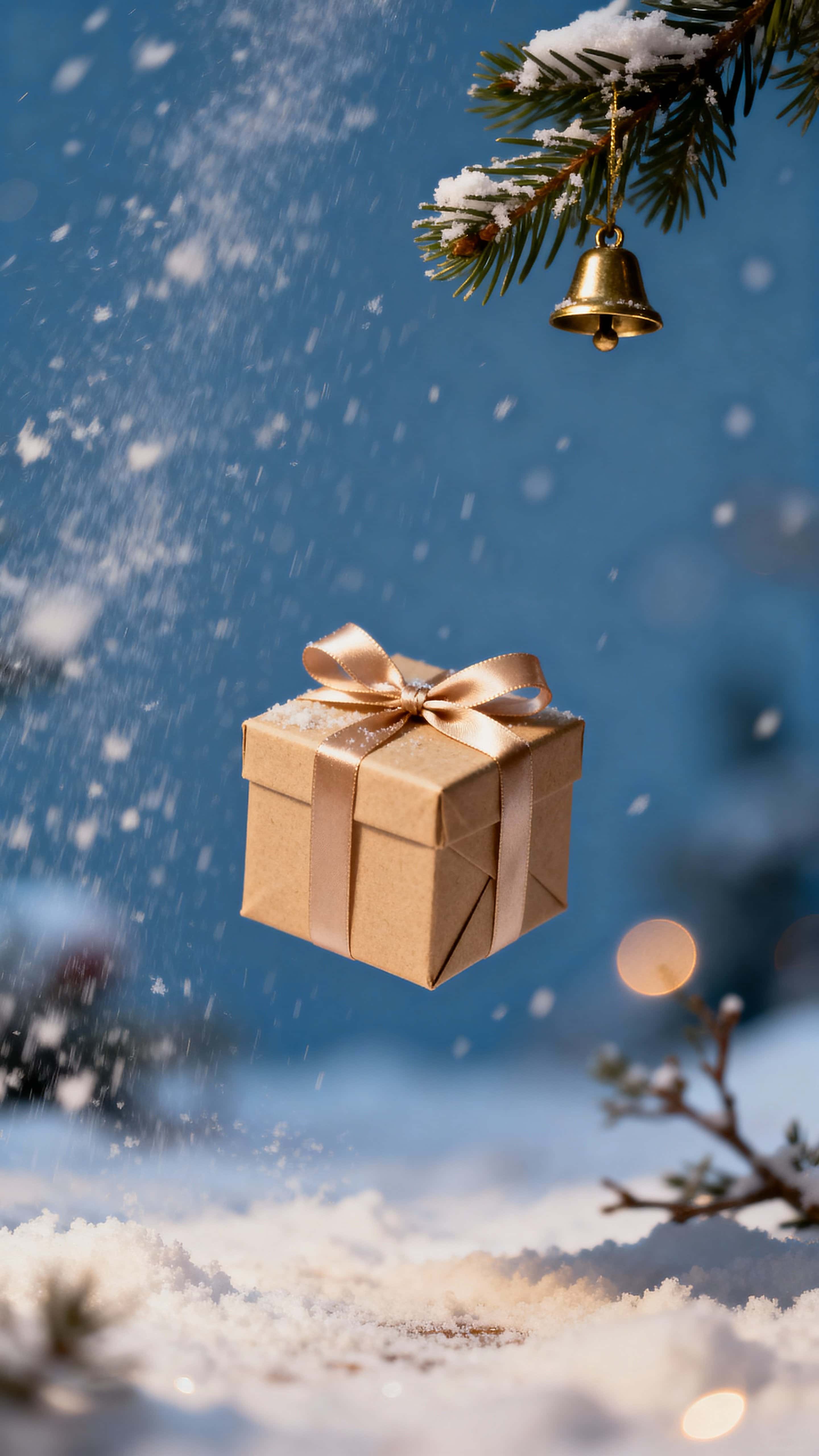 A tiny gift box floats serenely in a vertical 9:16 frame amid a gentle magical snowfall, its ribbon and paper textures catching cool blue and warm gold glints against soft neutral negative space.