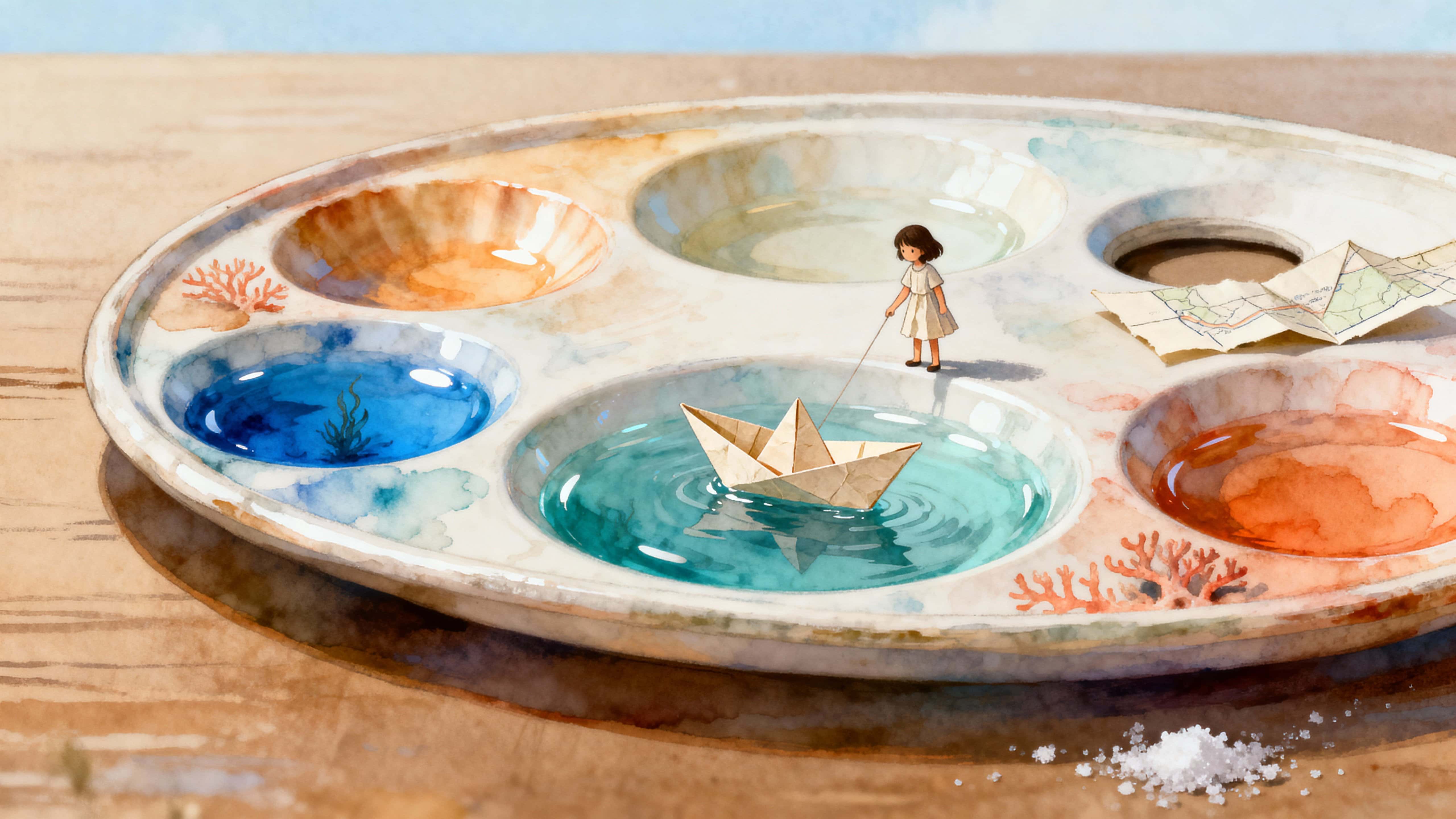 A painter’s palette holds real miniature ocean water pooled in each color well while a tiny girl stands on the rim and sails a paper boat between the colorful seas, captured with calm wonder and precise 16:9 framing.