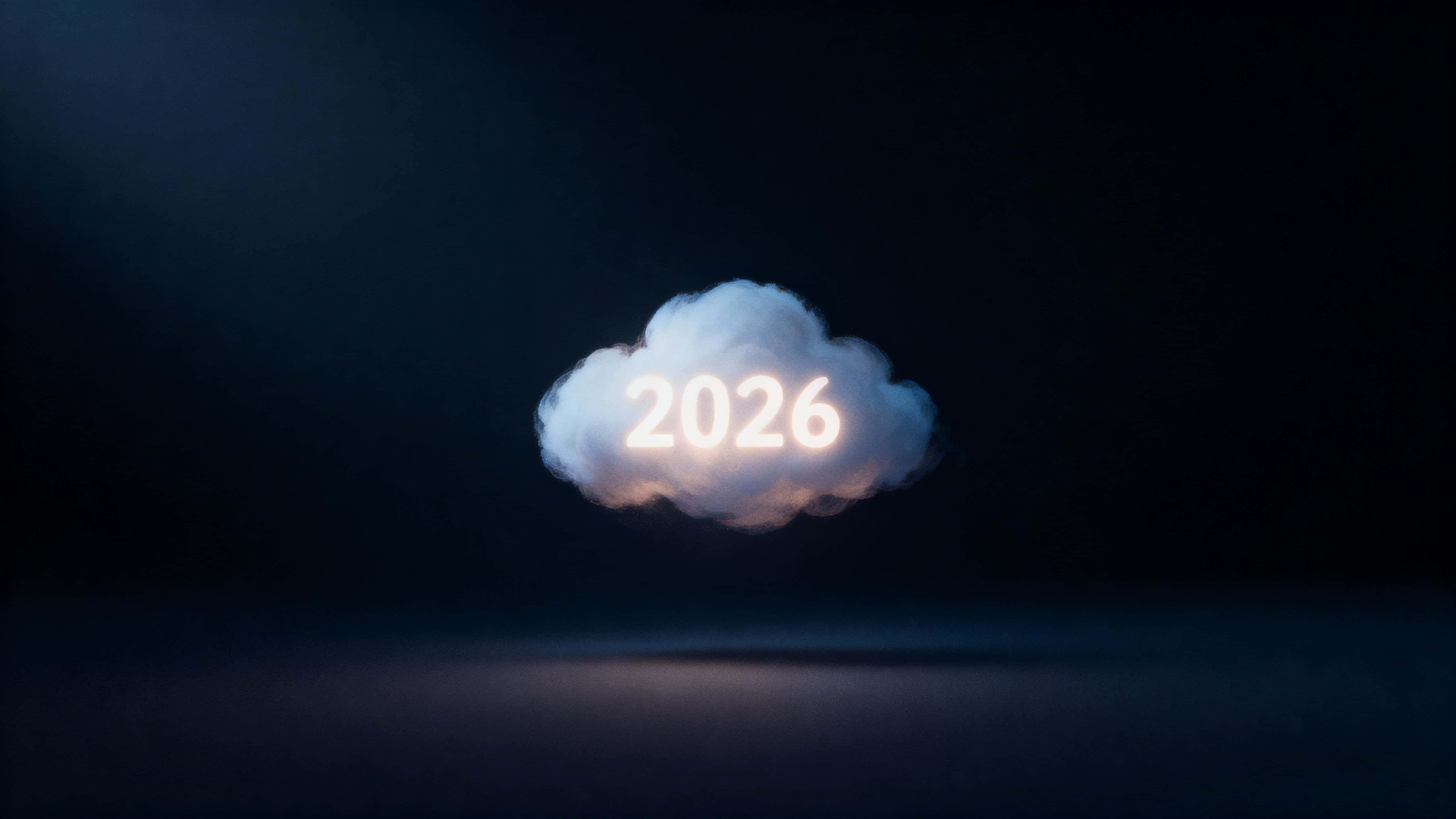A tiny glowing cloud drifts in deep black, its soft, edge-free form subtly shifting to spell "2026" in luminous, atmospheric light, occupying a 16:9 frame.