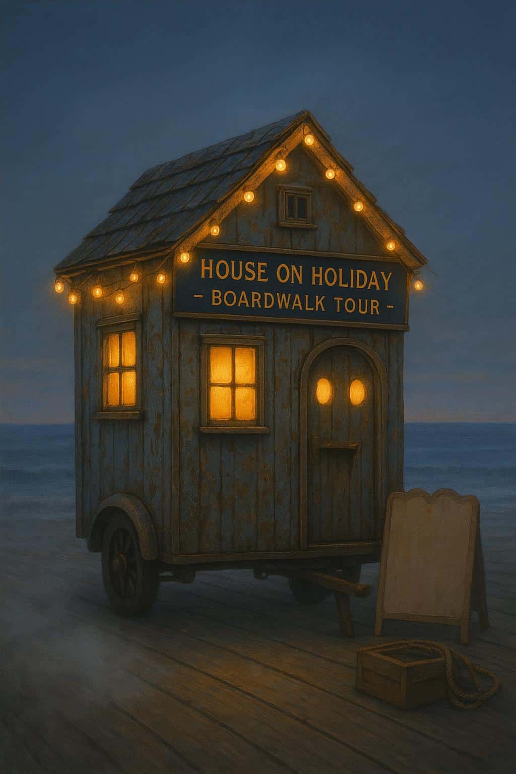 A whimsical, family-friendly photo of a tiny haunted house-on-wheels rolling along a seaside boardwalk at dusk with blinking window “eyes” and a door “mouth.”