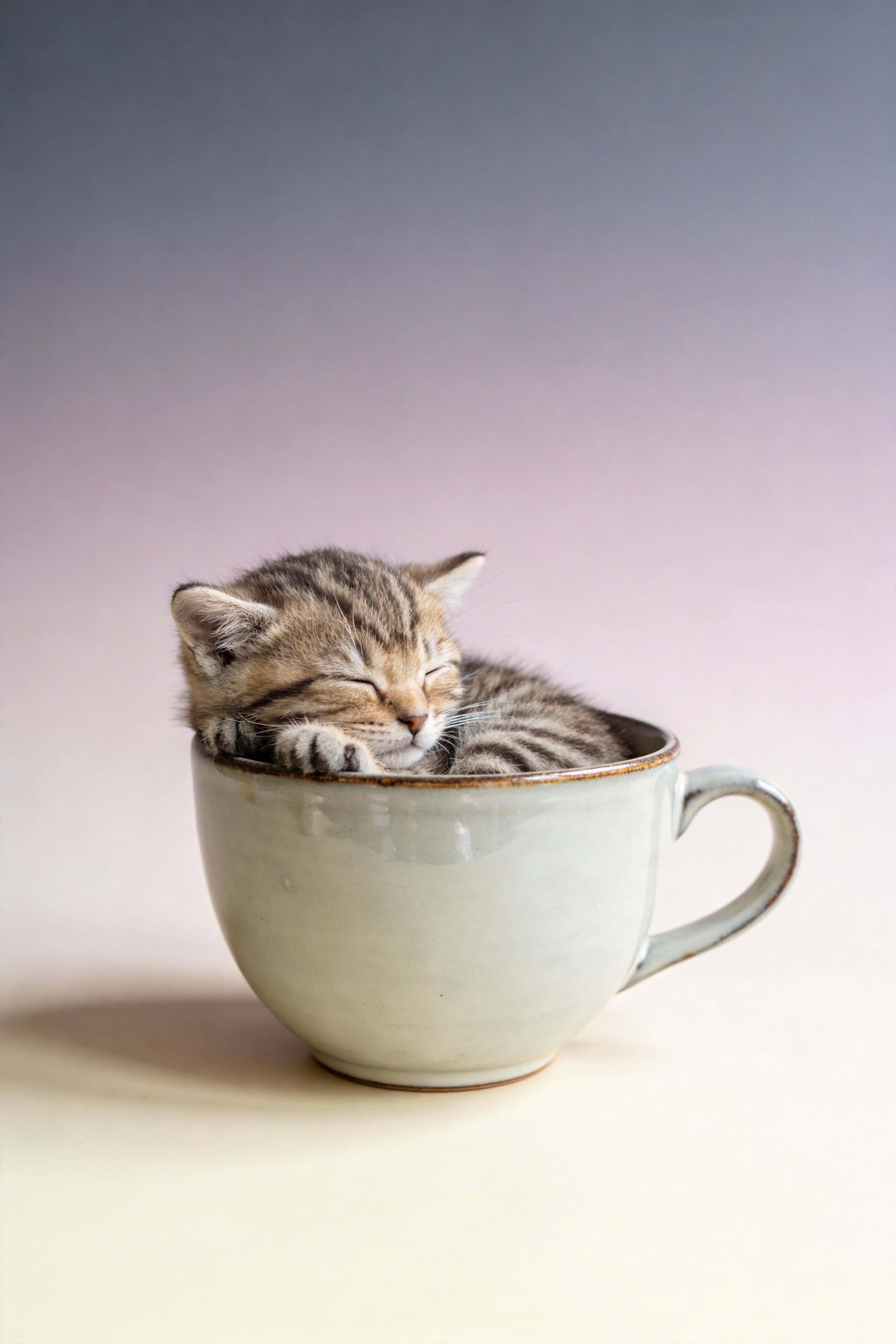 Tiny kitten curled asleep inside a porcelain teacup, captured as a cozy, high-detail pet photograph for a clean wallpaper with a soft pastel gradient and centered 2:3 crop.