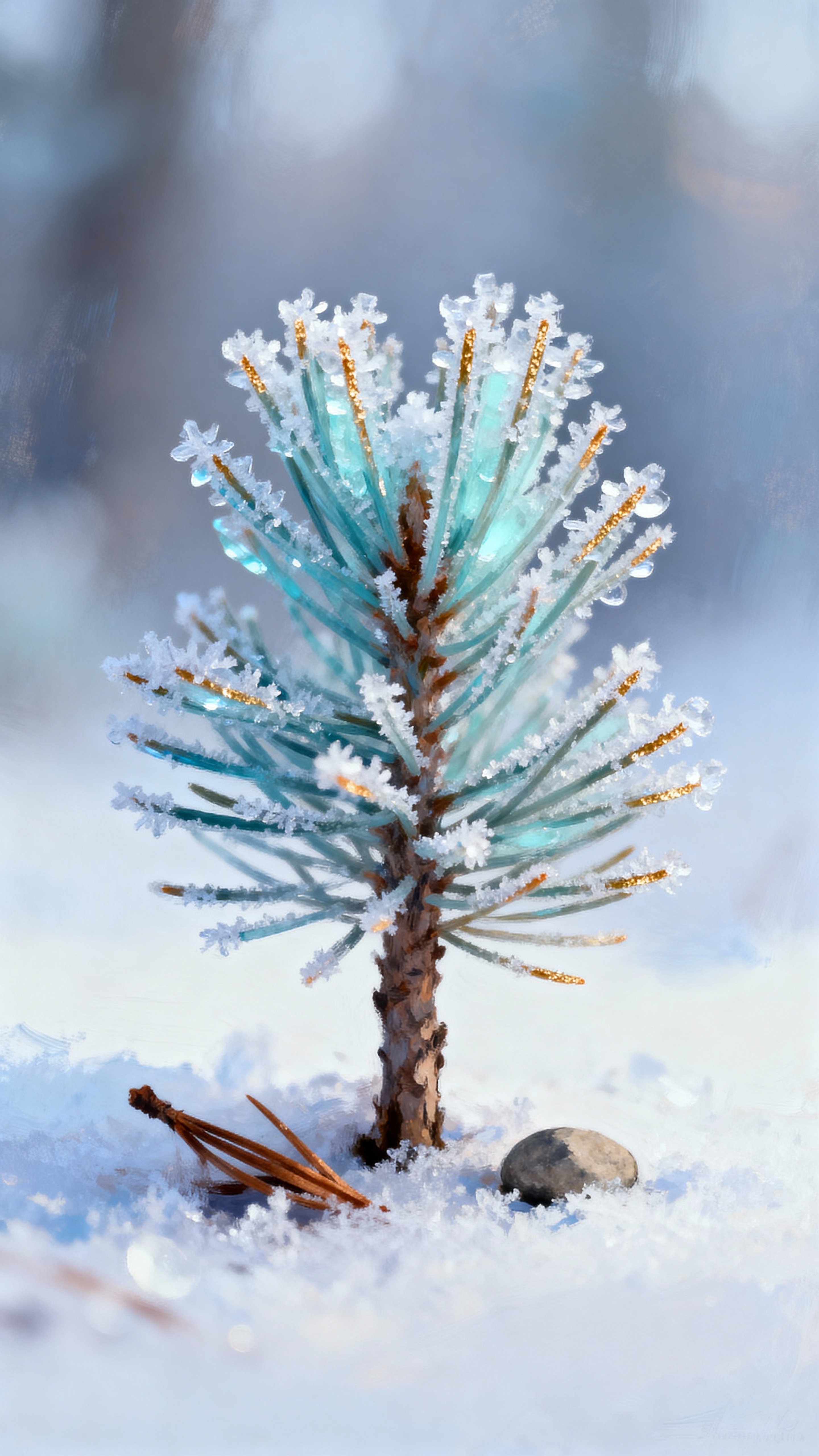 A tiny pine tree covered in frost glows softly in serene vertical framing, with cool icy greens and a warm gold rim that contrasts the glassy needles and neutral background for a tranquil study of winter light.