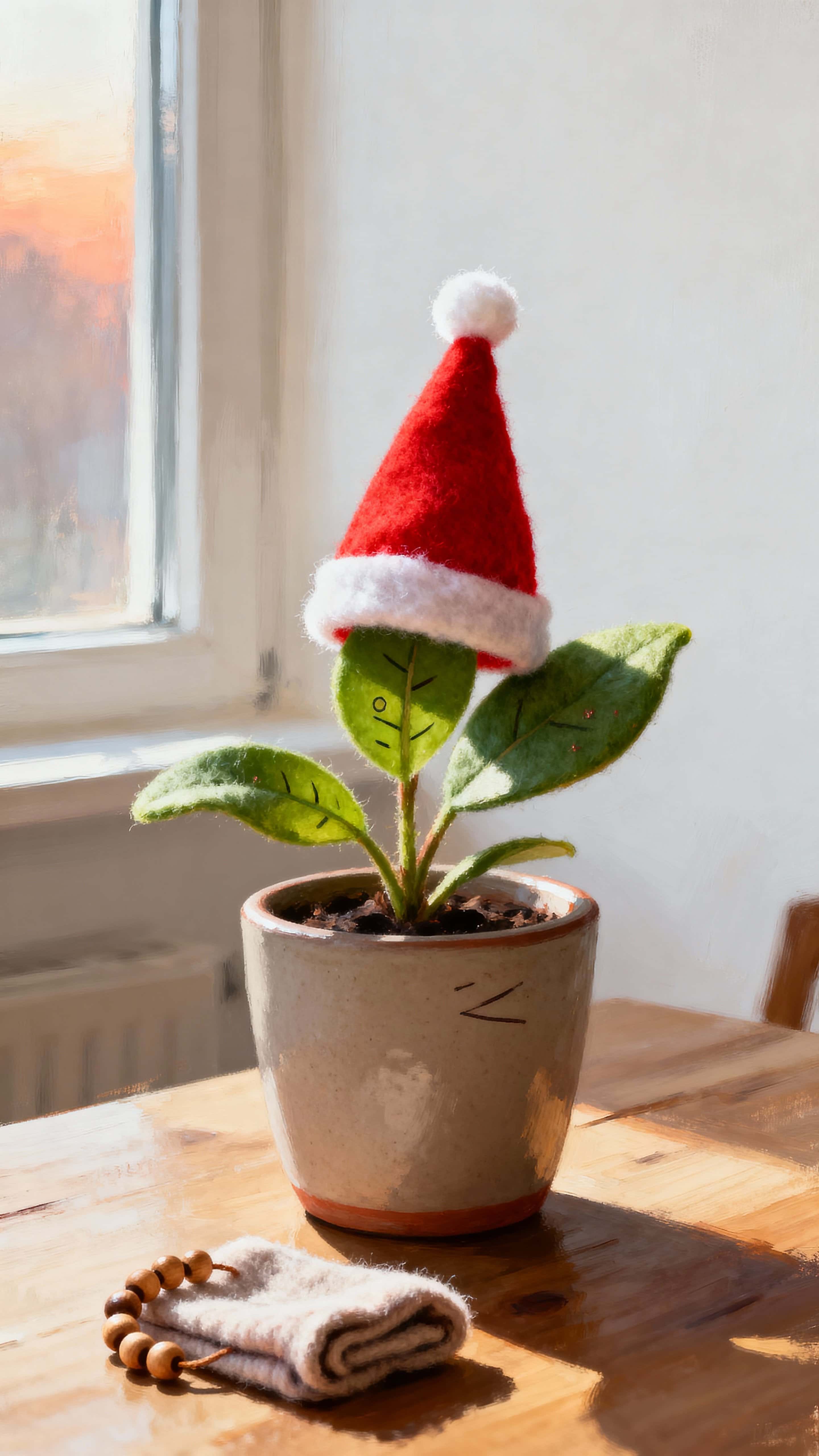 A tiny green houseplant wears a miniature Santa hat perched gently on its leaves in a warm portrait frame at 9:16, creating a cozy, festive still life scene with soft light and simple props.